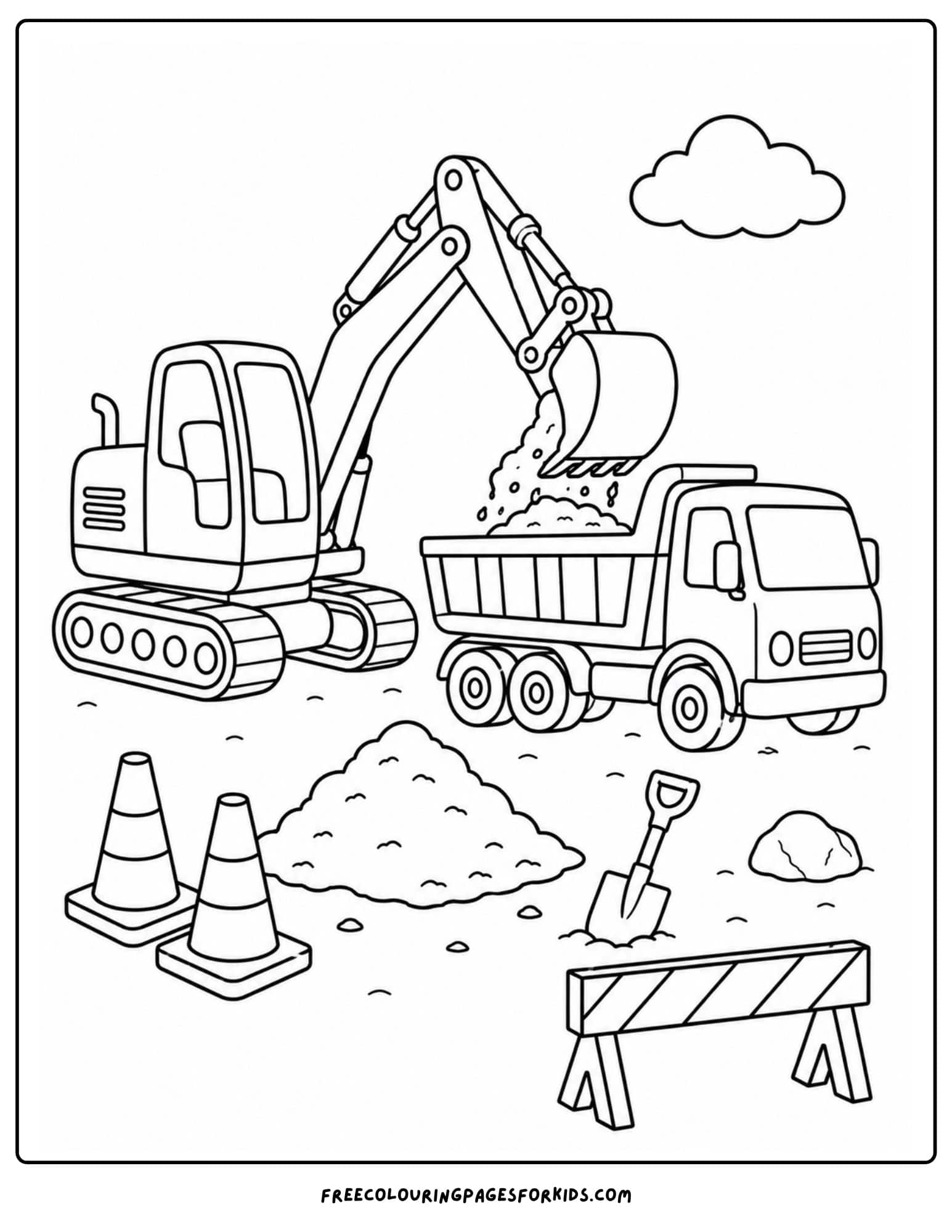 a coloring page of an excavator loading a small truck with dirt