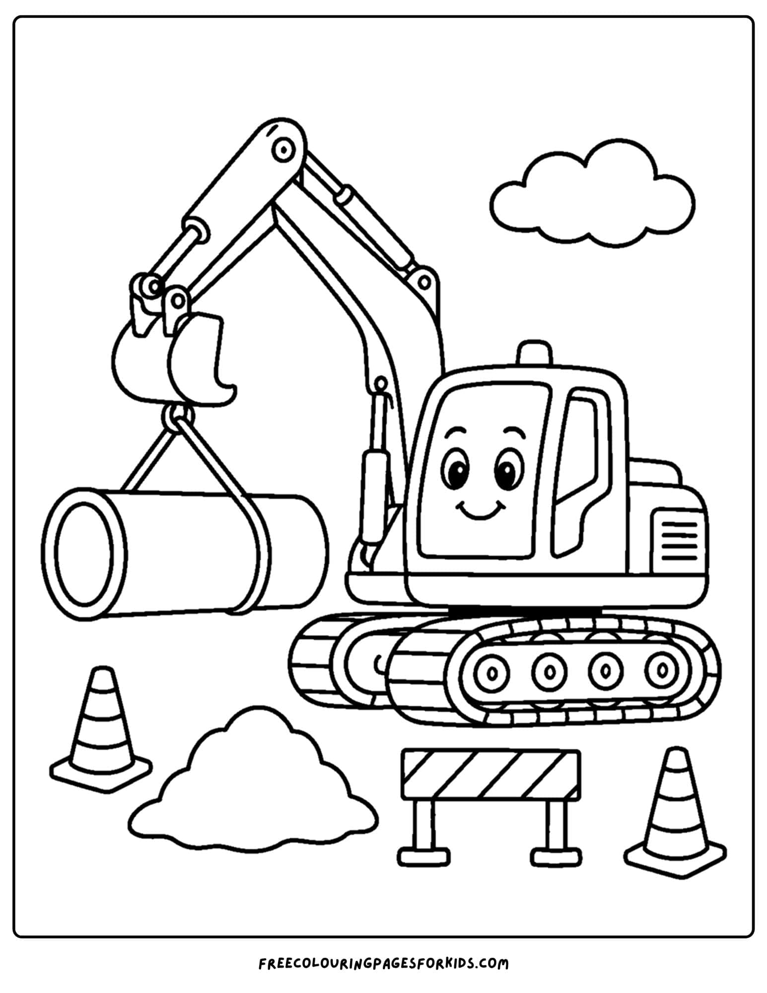 a coloring page of an excavator moving a large concrete pipe