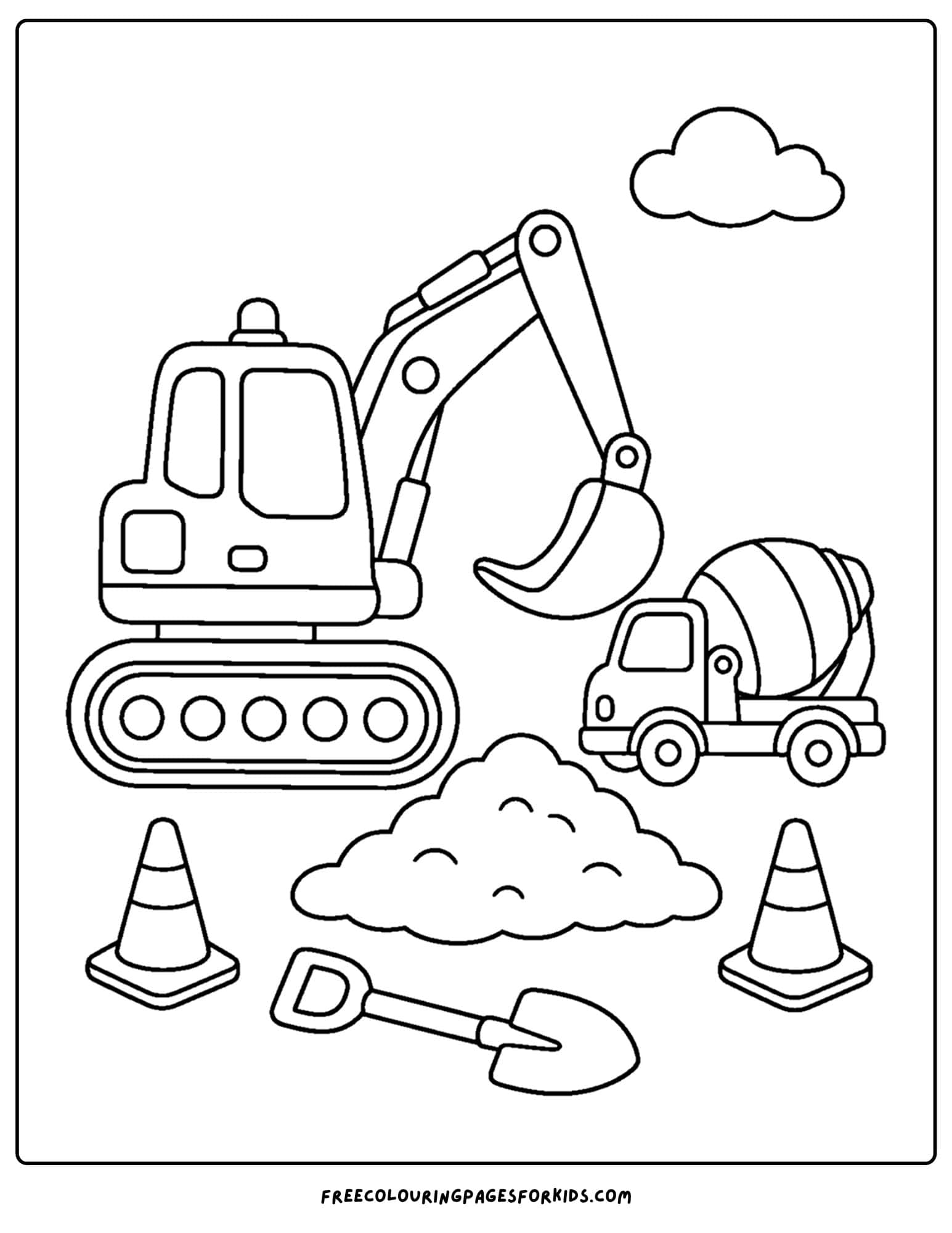 a coloring page of an excavator and a cement mixer on a worksite