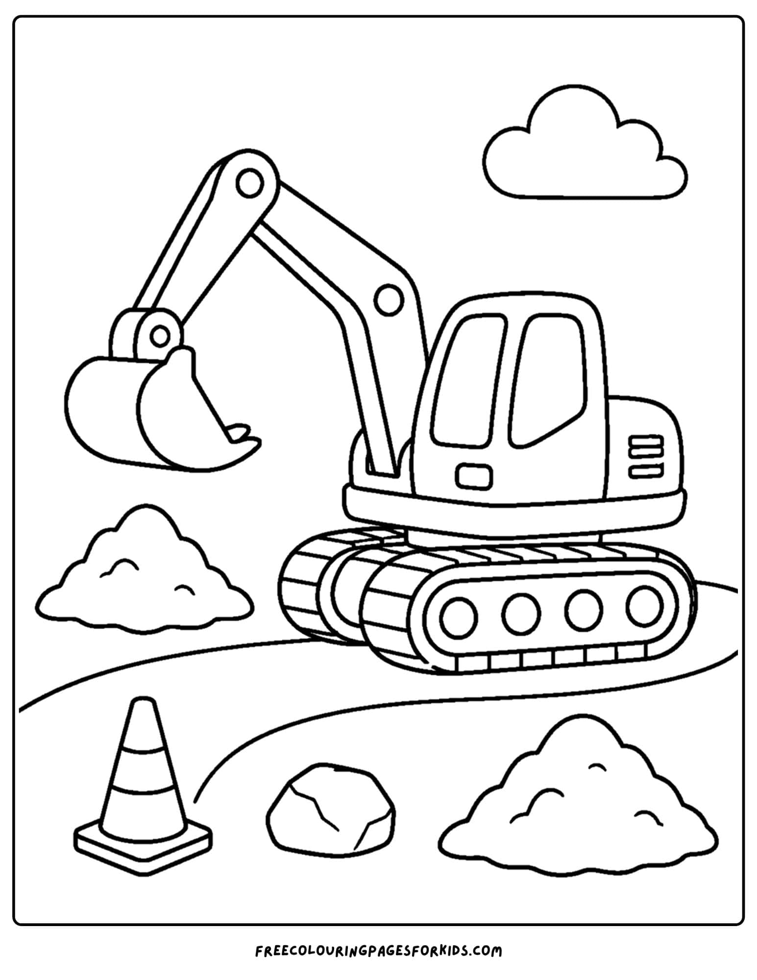 a coloring page of an excavator rolling down a dirt track