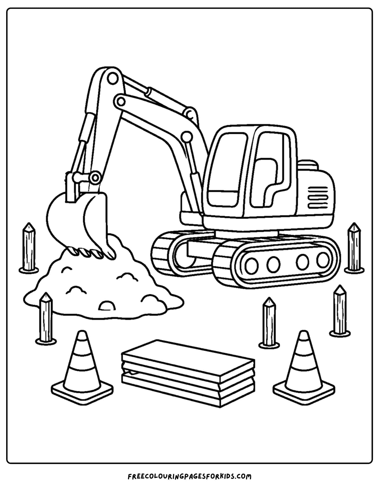 a coloring page of an excavator preparing a building site for work
