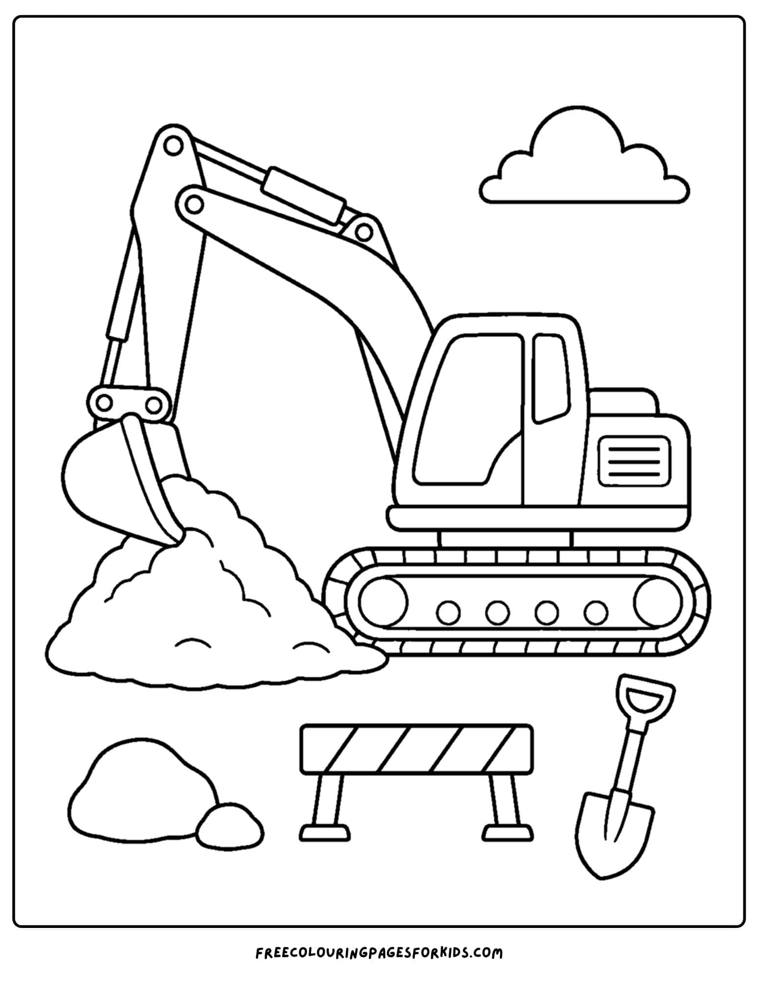 a coloring page of an excavator scooping up dirt into a pile