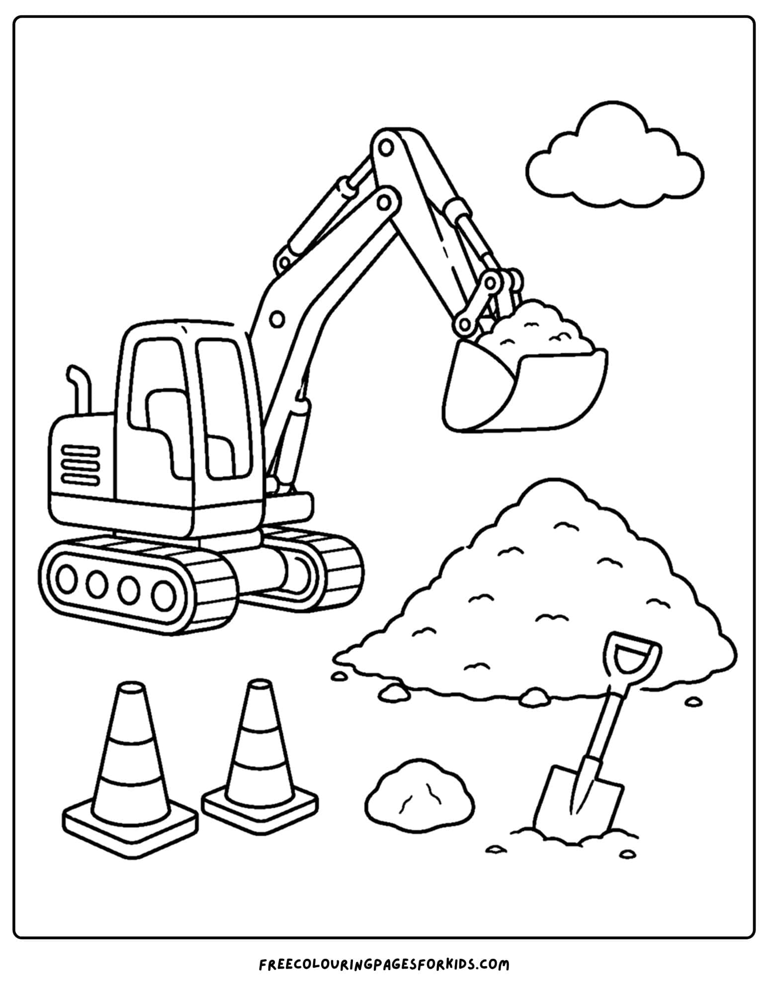 a coloring page of an excavator dumping dirt into a pile