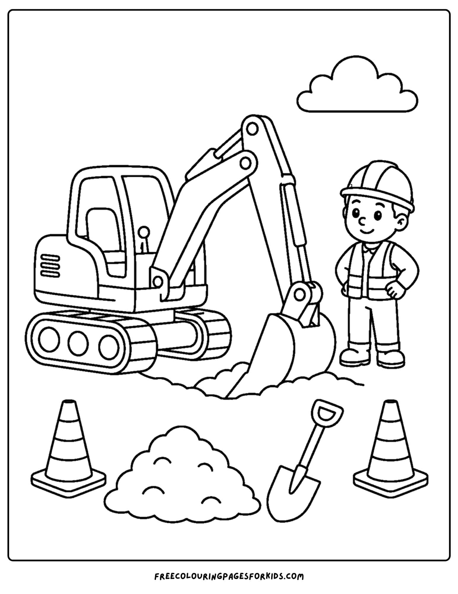 a coloring page of an excavator and a construction worker