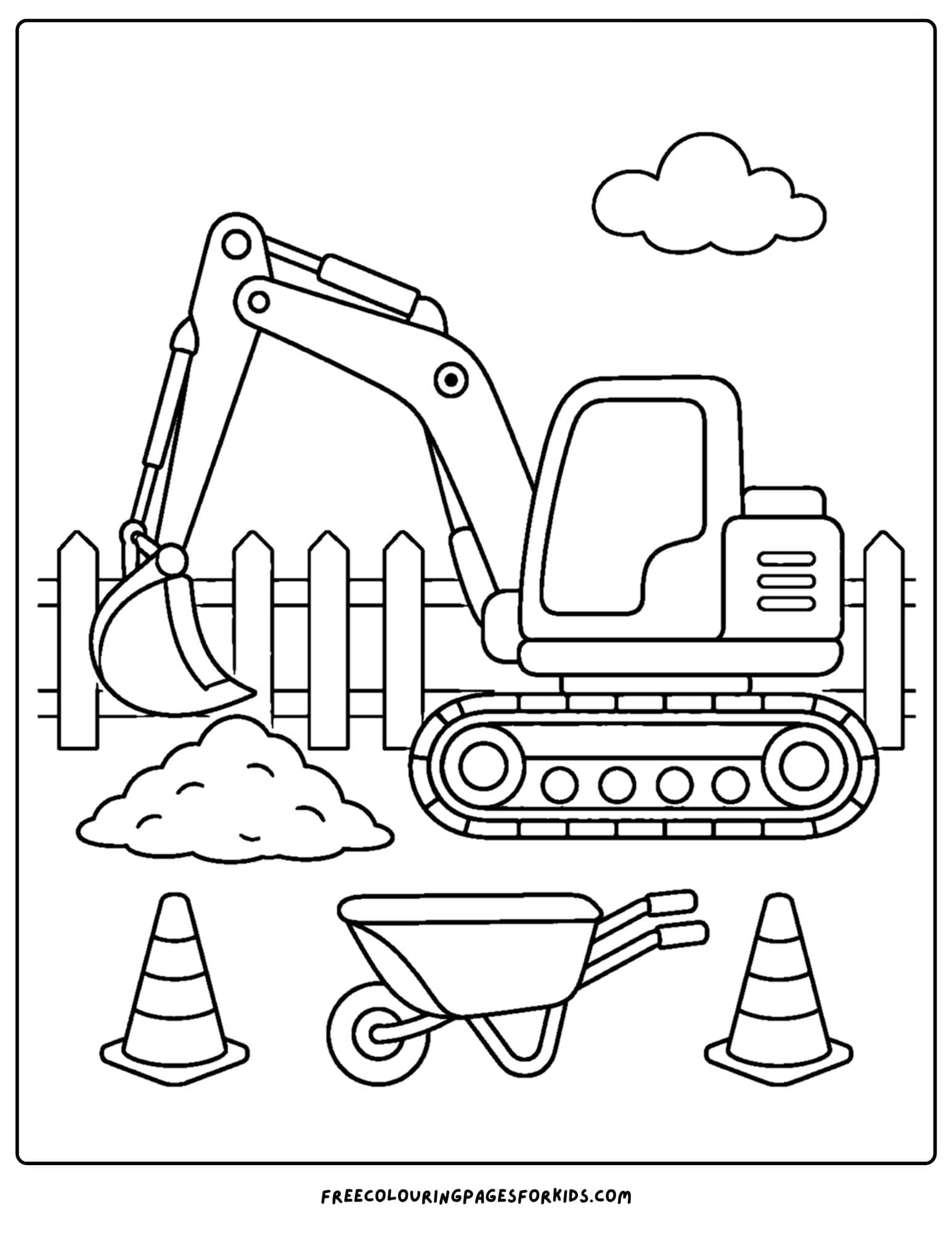 a coloring page of an excavator digging a hole beside a fence