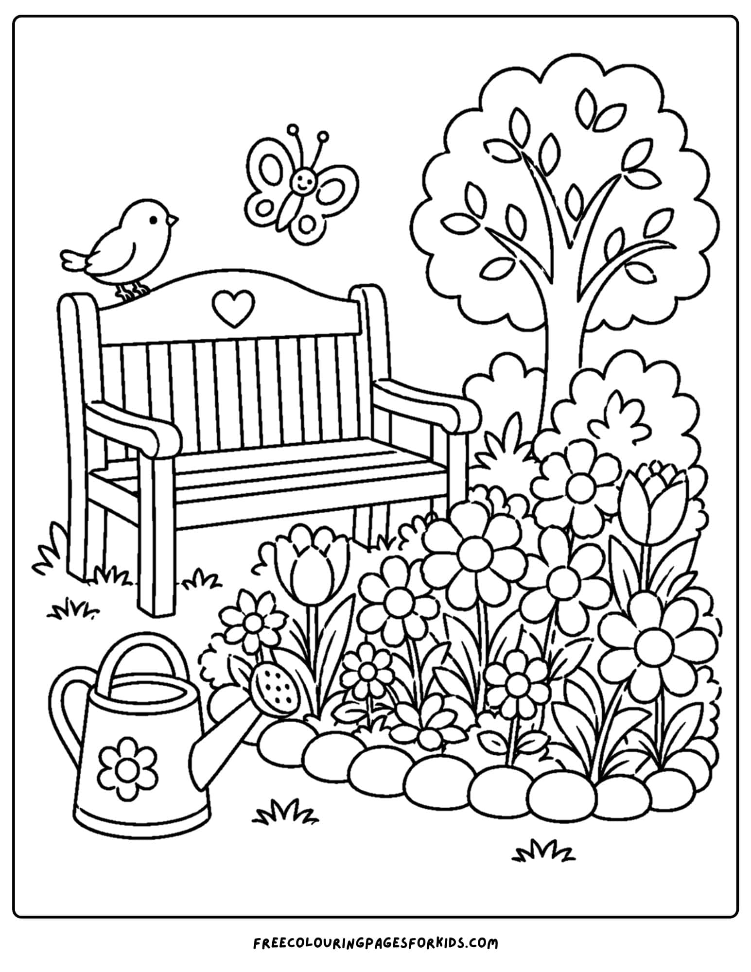 a coloring page of a flower garden beside a park bench