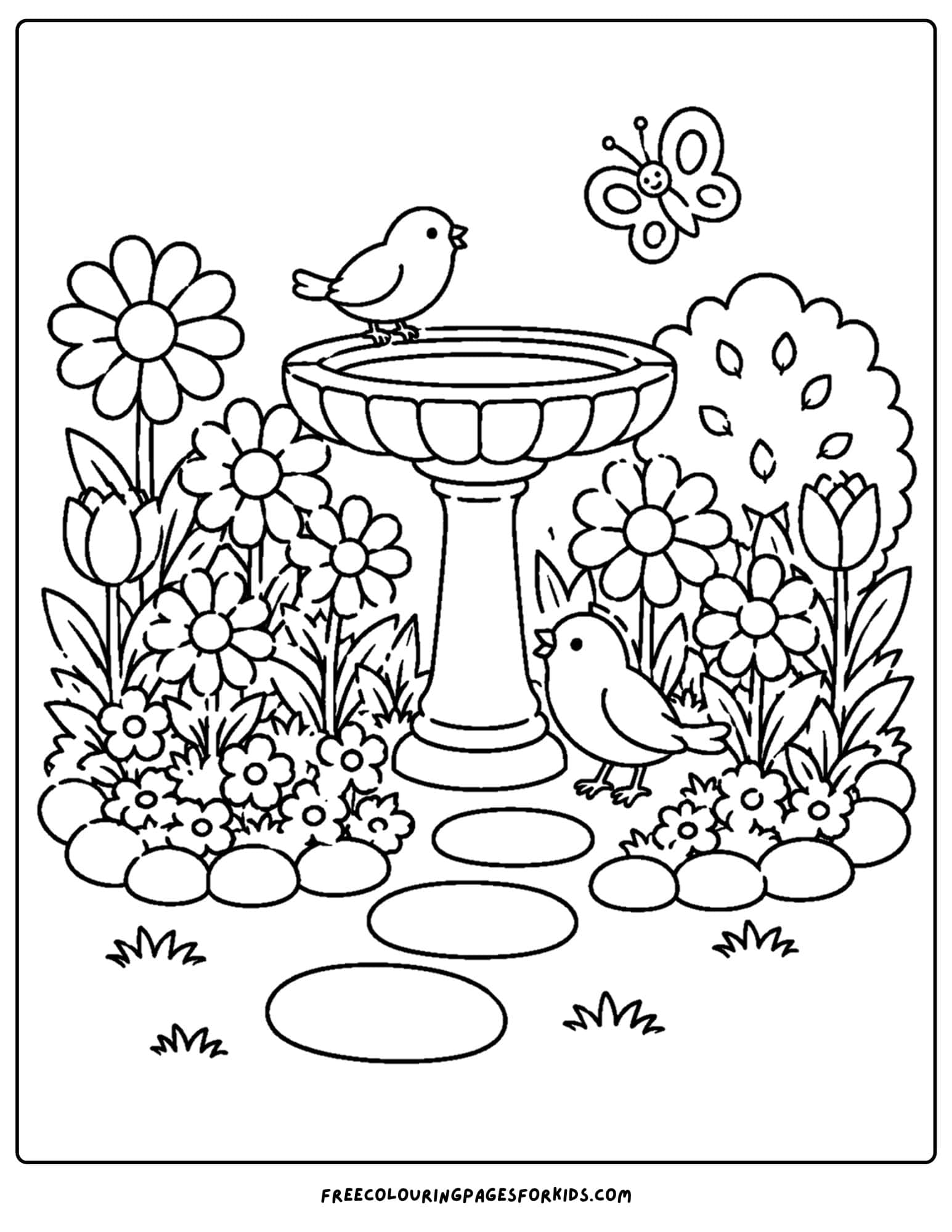 a coloring page of a flower garden around a bird bath