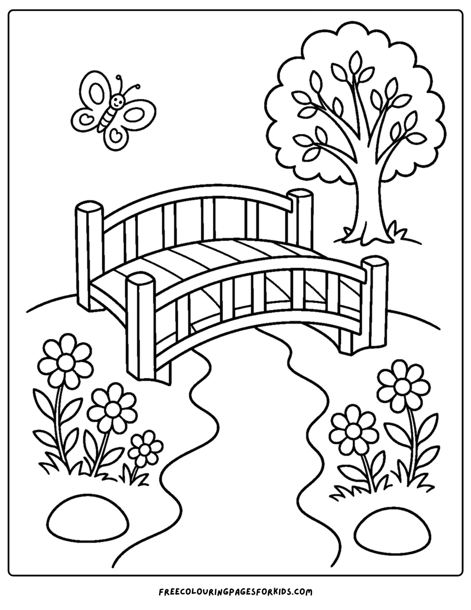 a coloring page of a flower garden scene around a small bridge