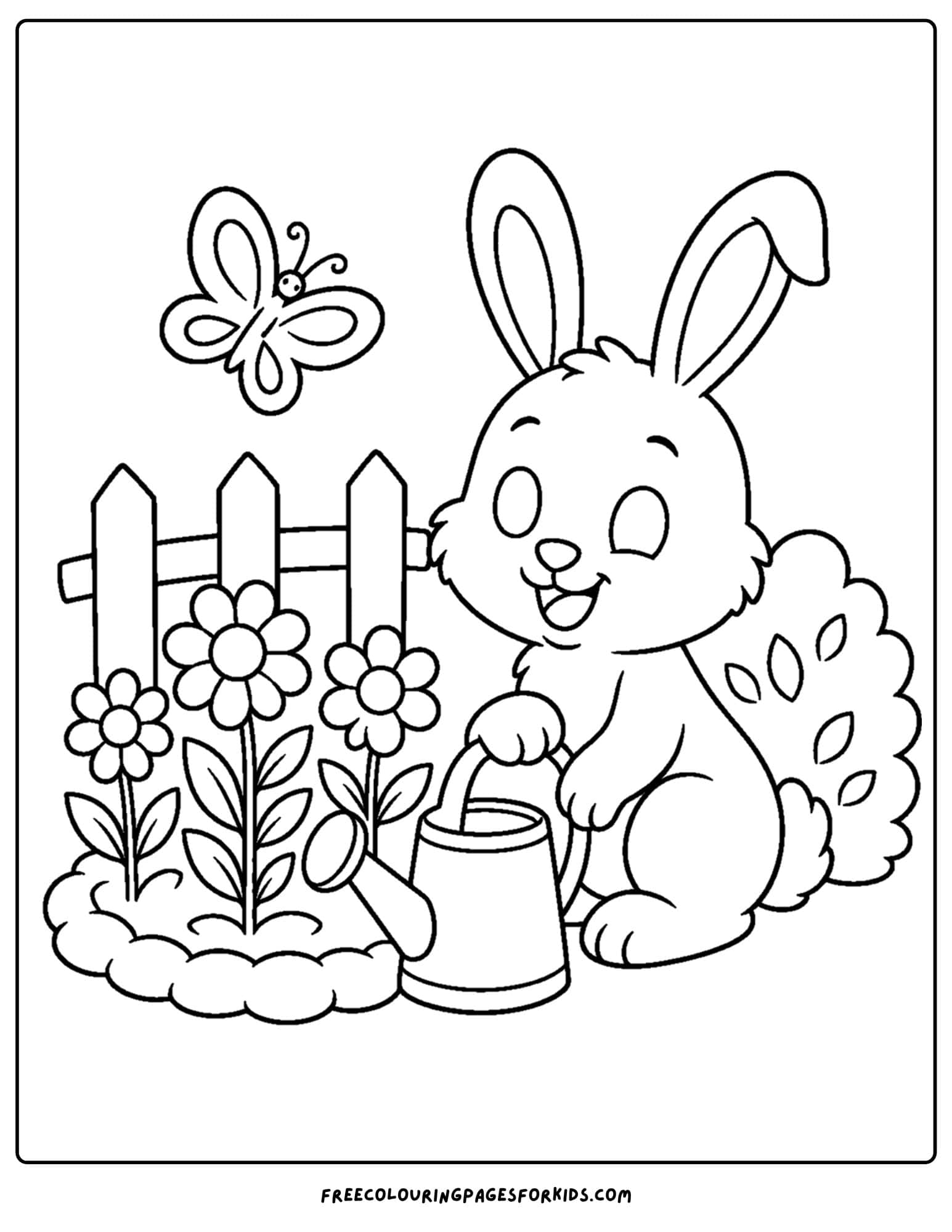 a coloring page of a flower garden with a bunny rabbit visiting