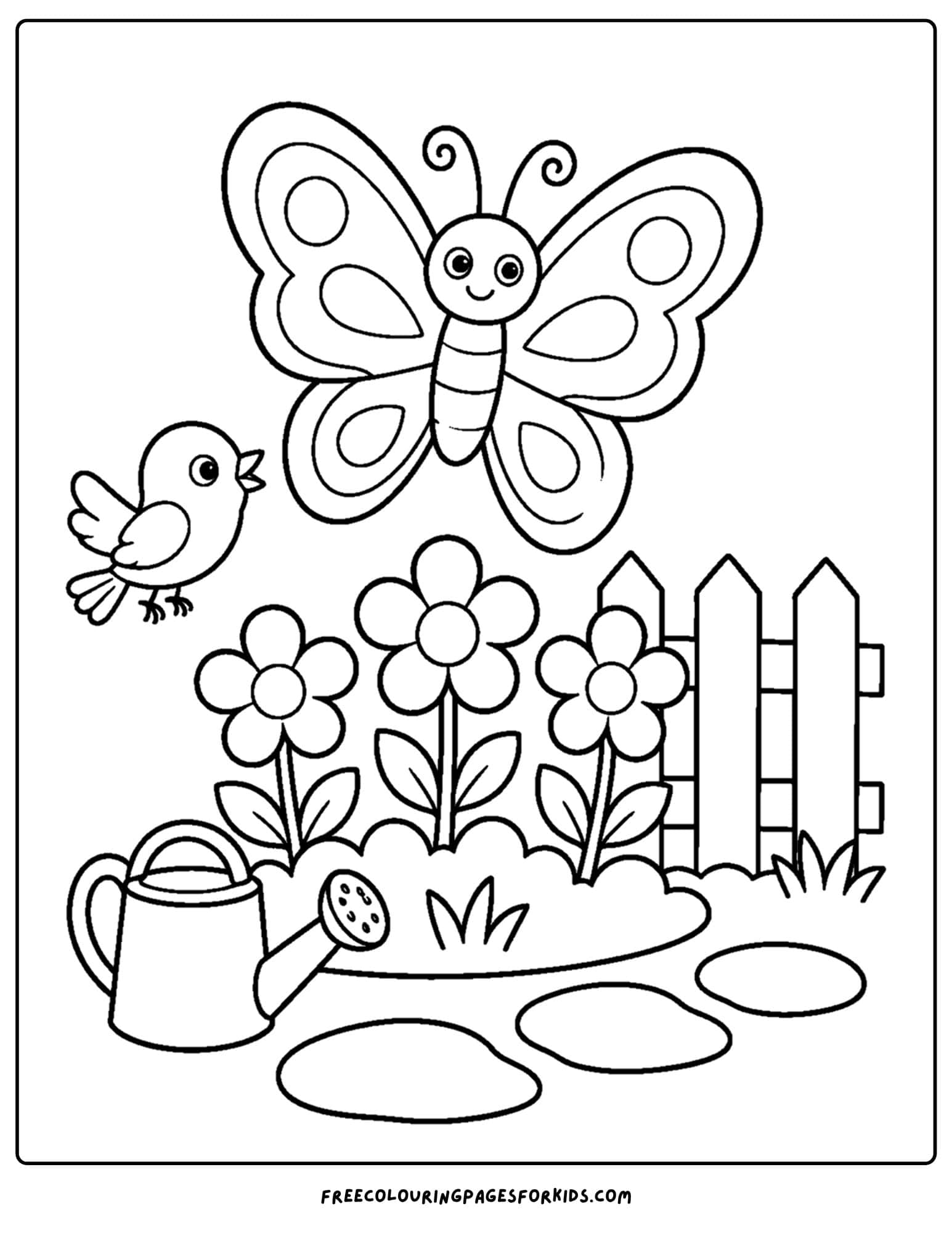 a coloring page of a flower garden with a big butterfly