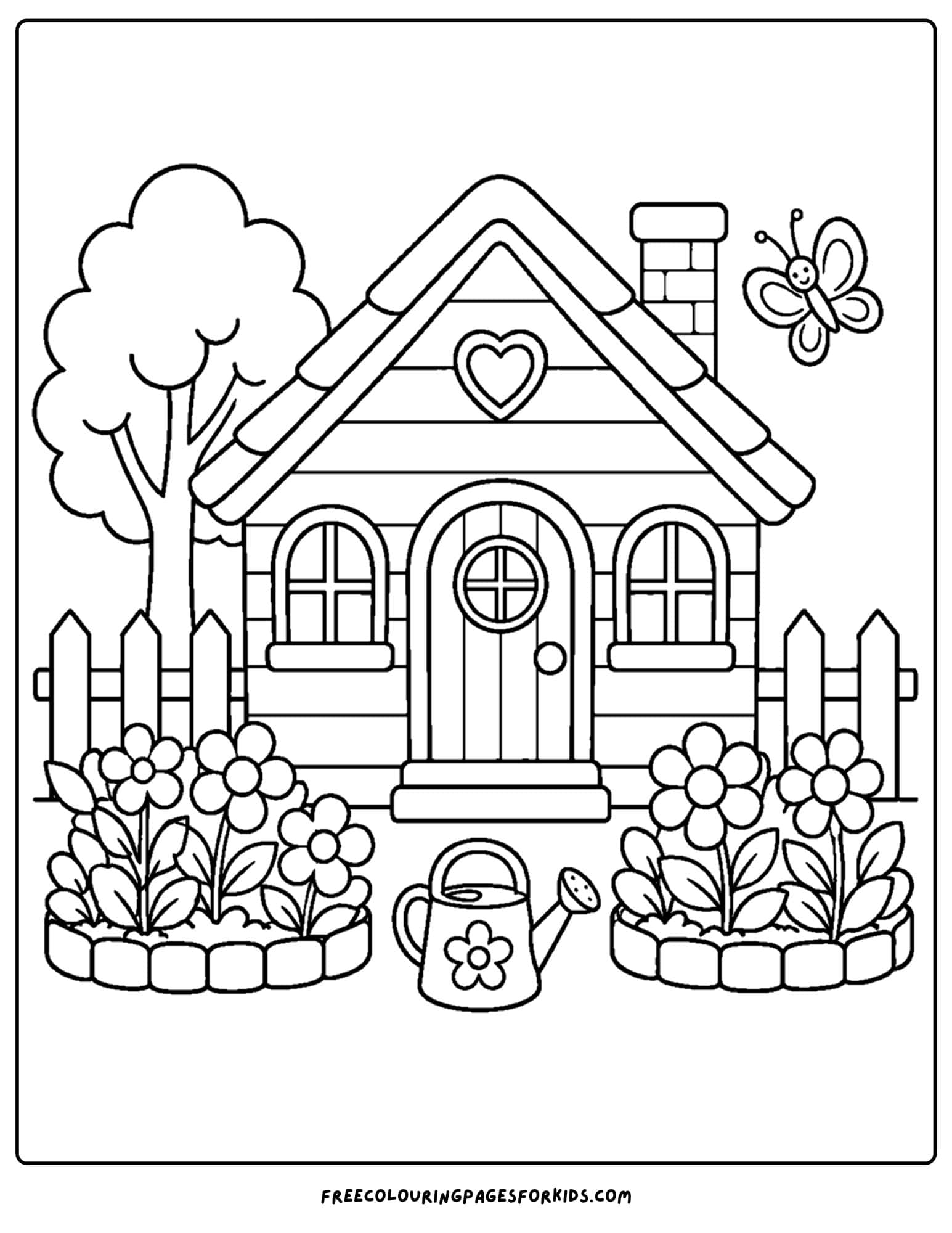 a coloring page of a flower garden either side of a pathway to a cabin