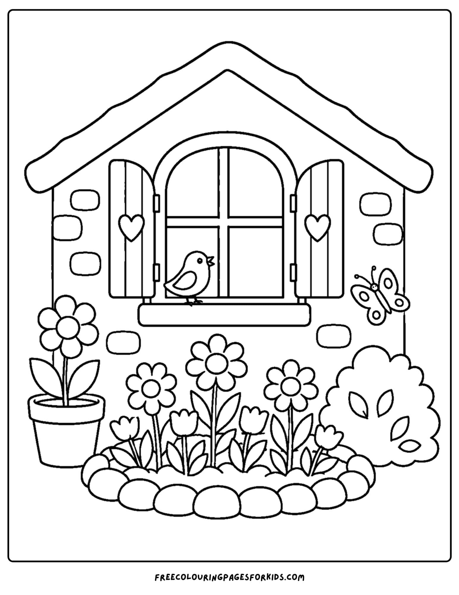 a coloring page of a flower garden outside a cottage window