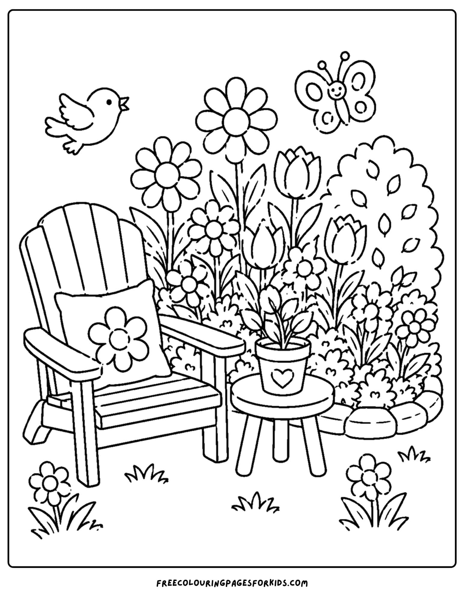 a coloring page of a flower garden beside a cozy chair