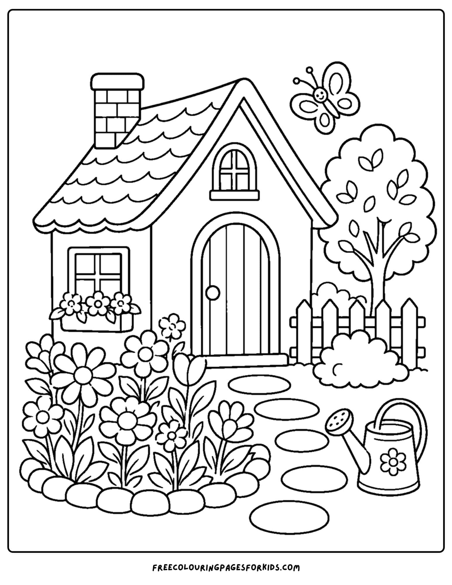 a coloring page of a flower garden beside a little cottage and path