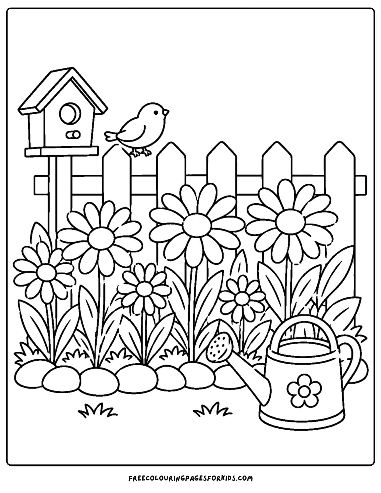 a coloring page of a flower garden of daisies by the fence