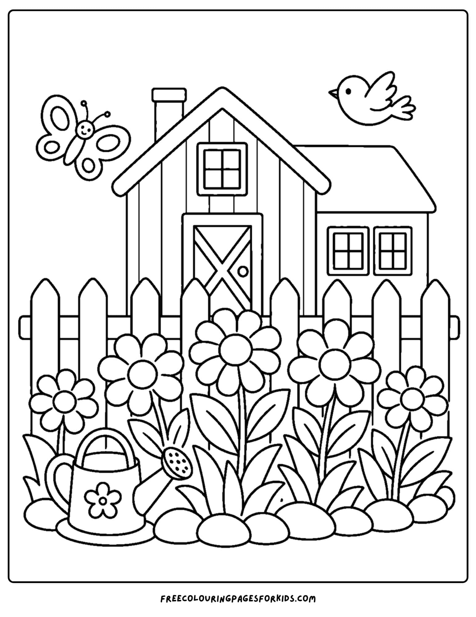 a coloring page of a flower garden at a farmhouse