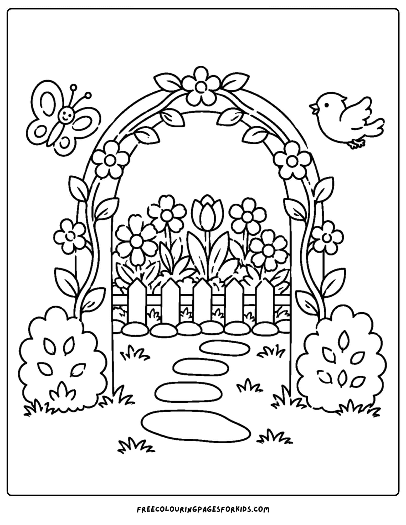 a coloring page of a flower garden over an archway on a path