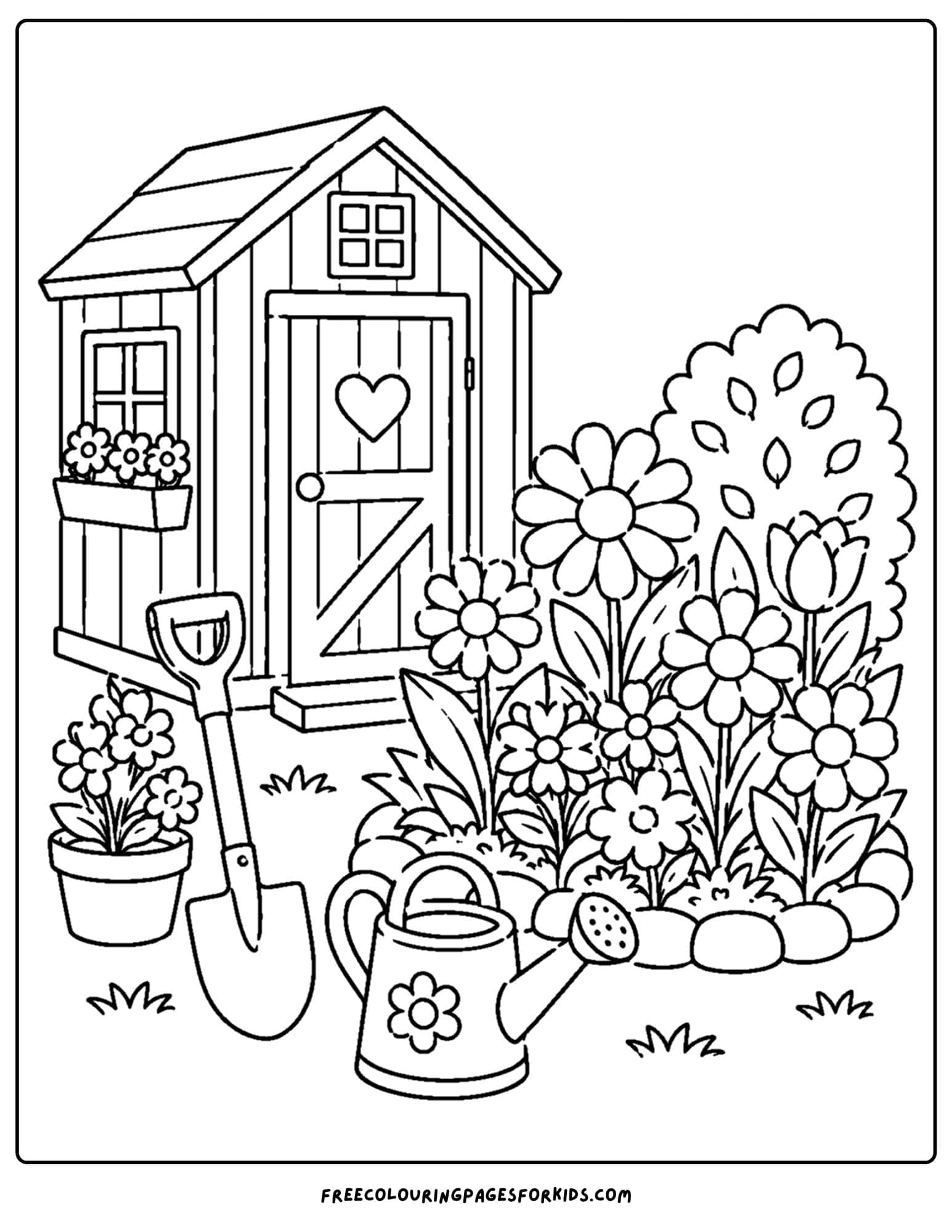a coloring page of a flower garden beside the garden shed