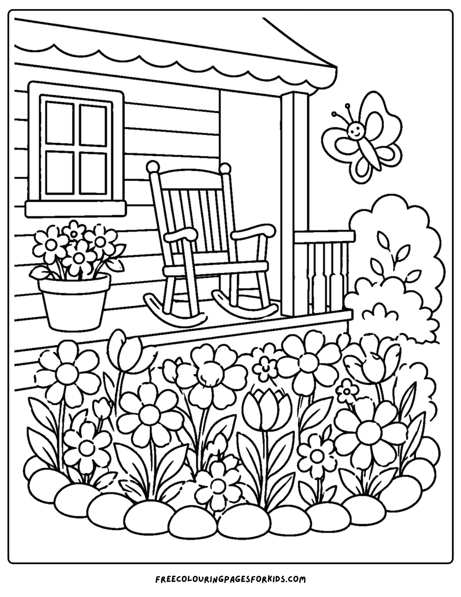 a coloring page of a flower garden below the porch on a house