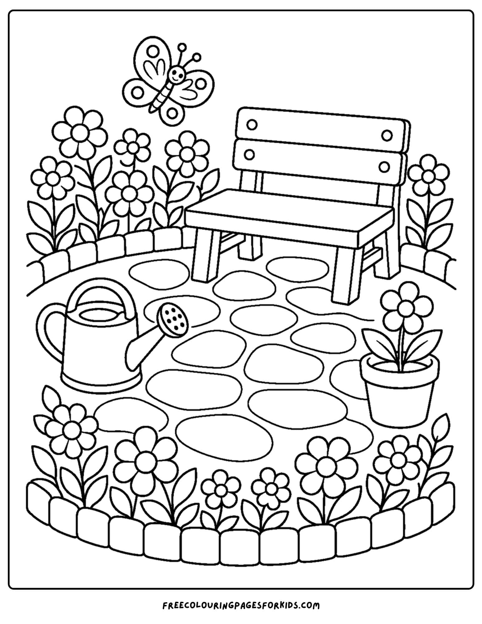 a coloring page of a flower garden around a paved courtyard