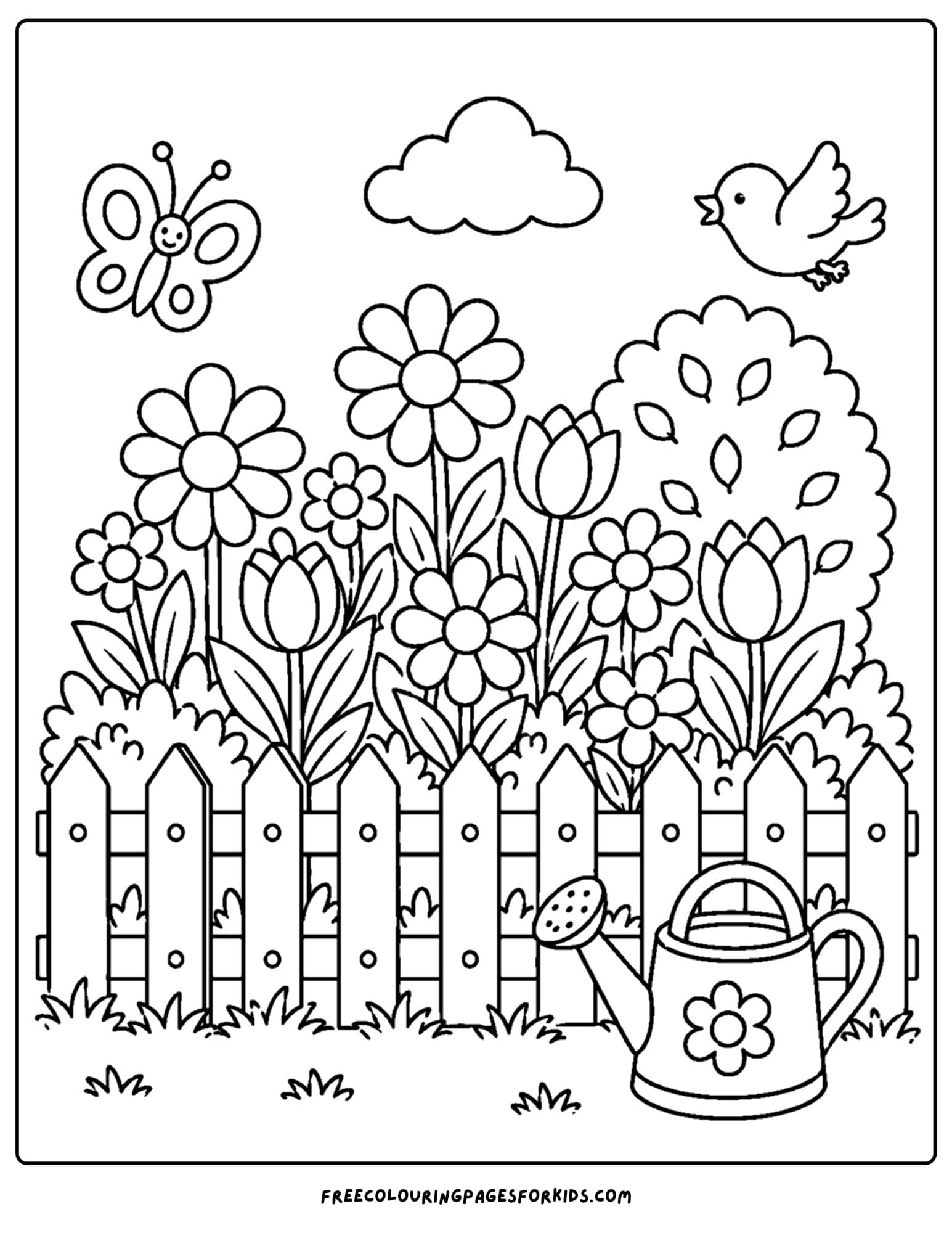 a coloring page of a flower garden behind a picket fence