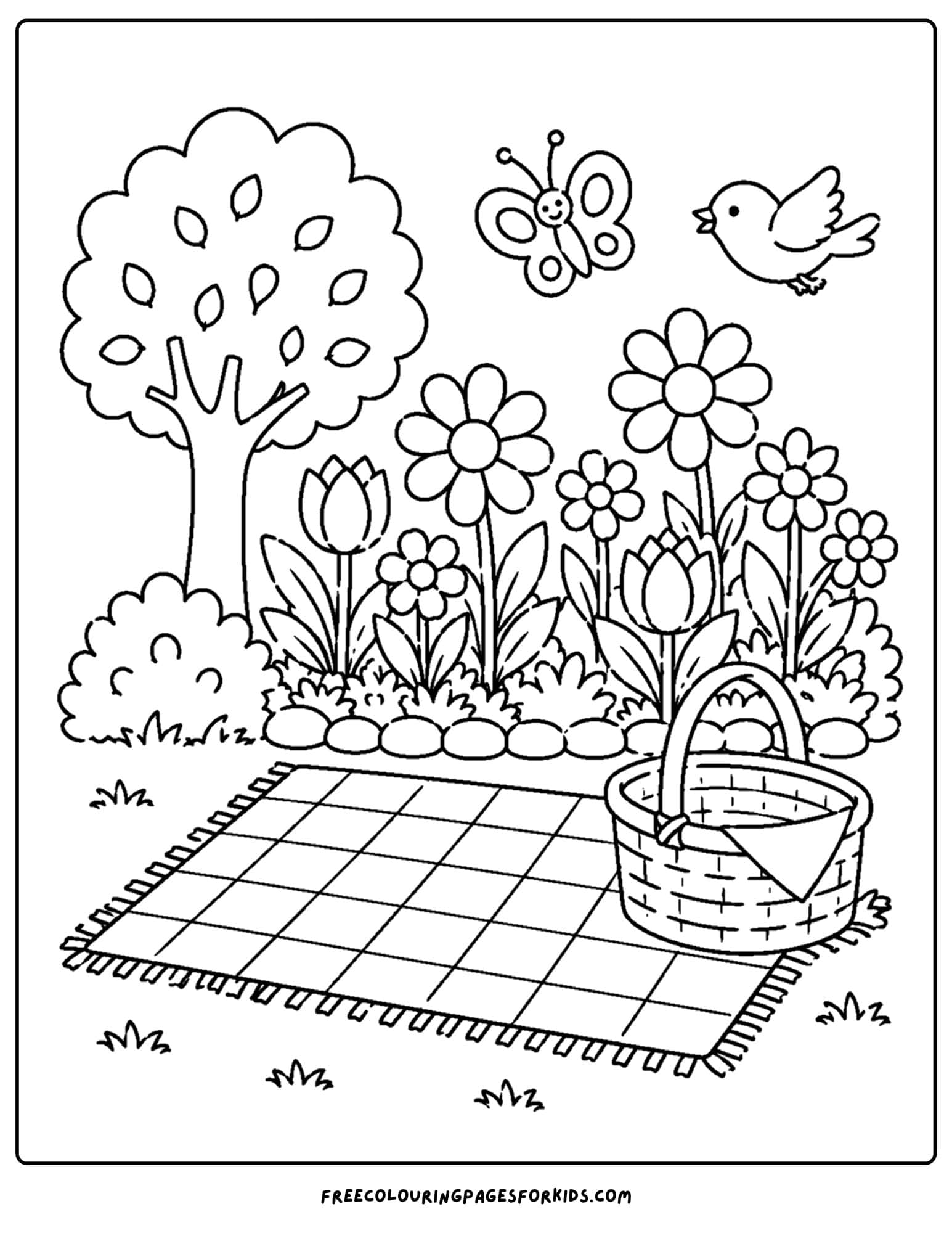 a coloring page of a flower garden with a picnic setup in front