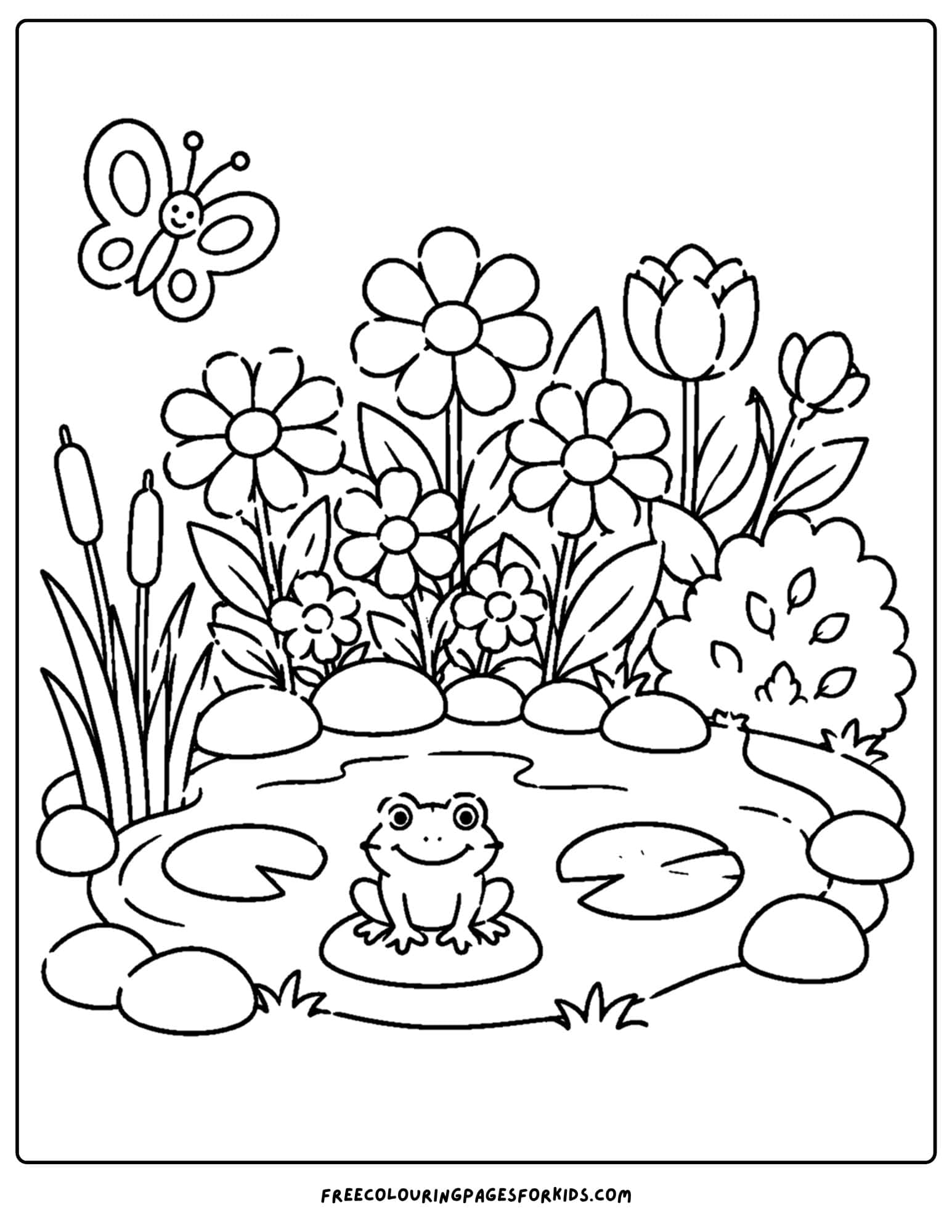 a coloring page of a flower garden around a pond with a frog in it