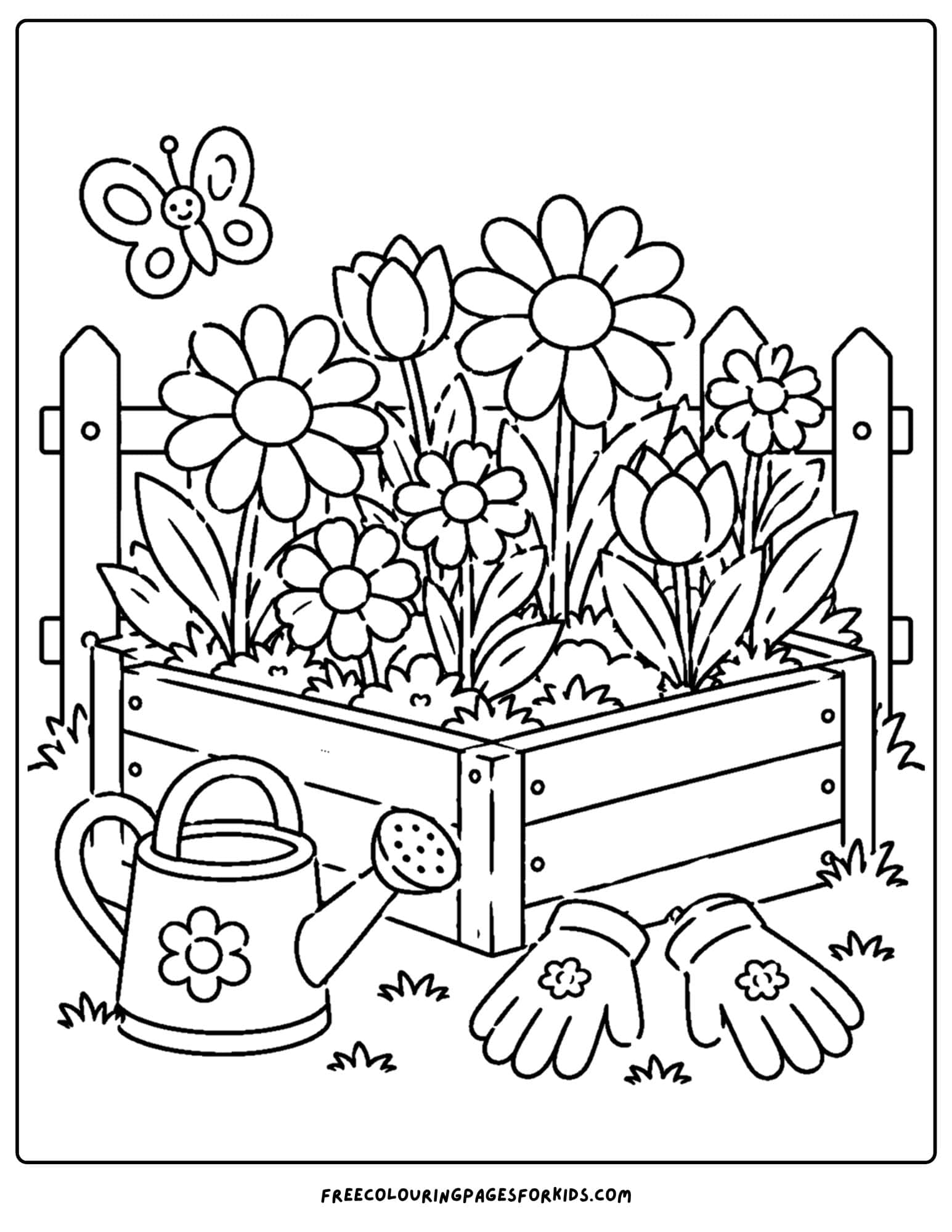 a coloring page of a flower garden in a raised garden bed
