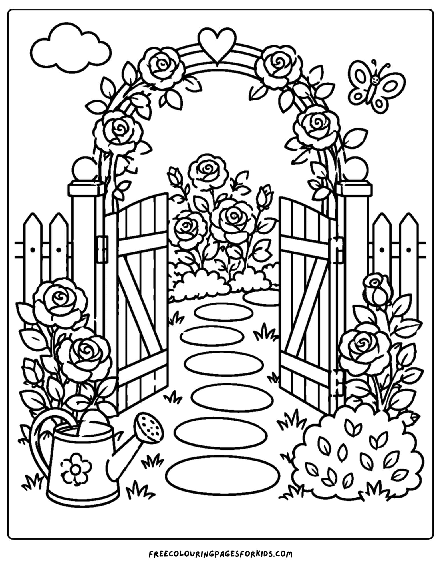 a coloring page of a flower garden of roses over an arch