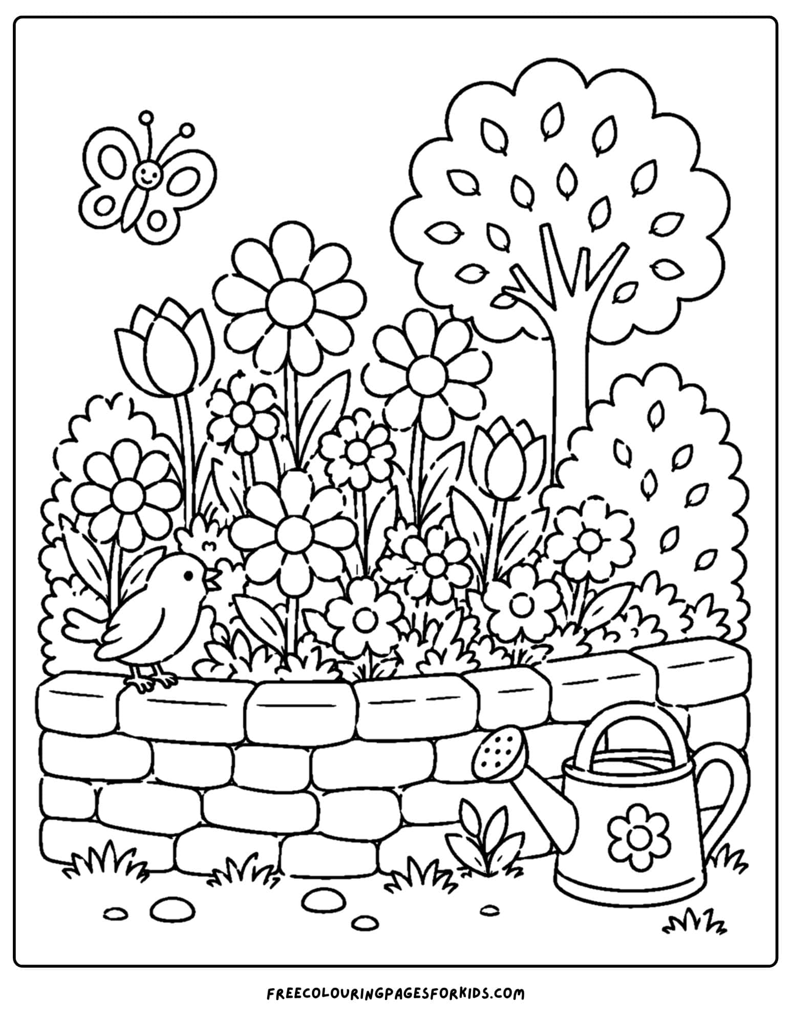 a coloring page of a flower garden behind a stone wall