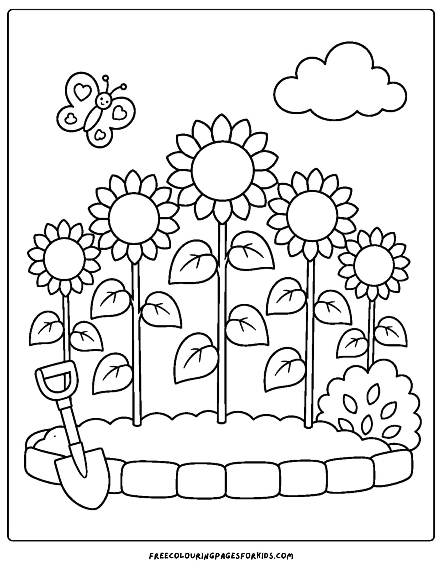 a coloring page of a flower garden full of tall sunflowers