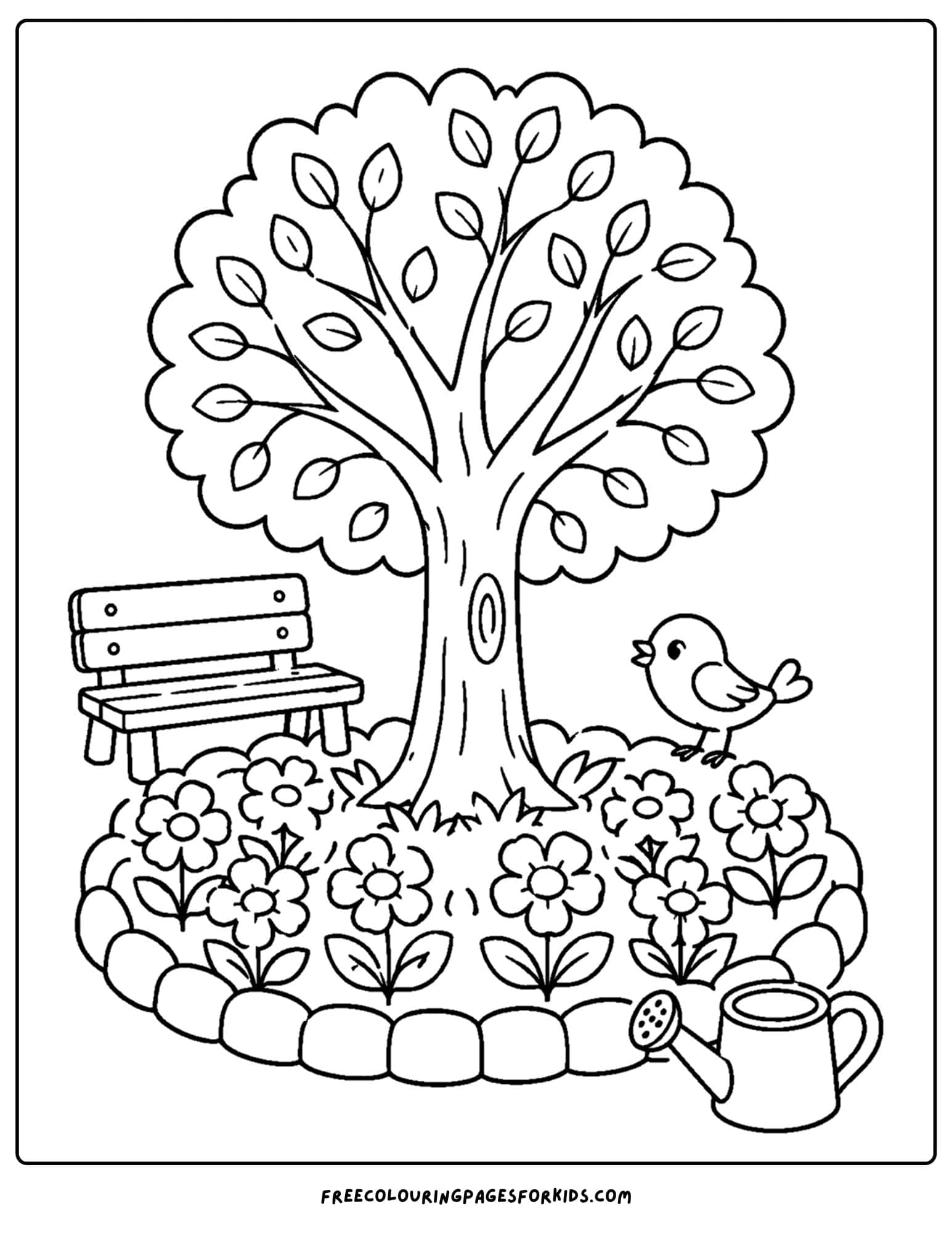 a coloring page of a flower garden in a circle shape at the base of a tree