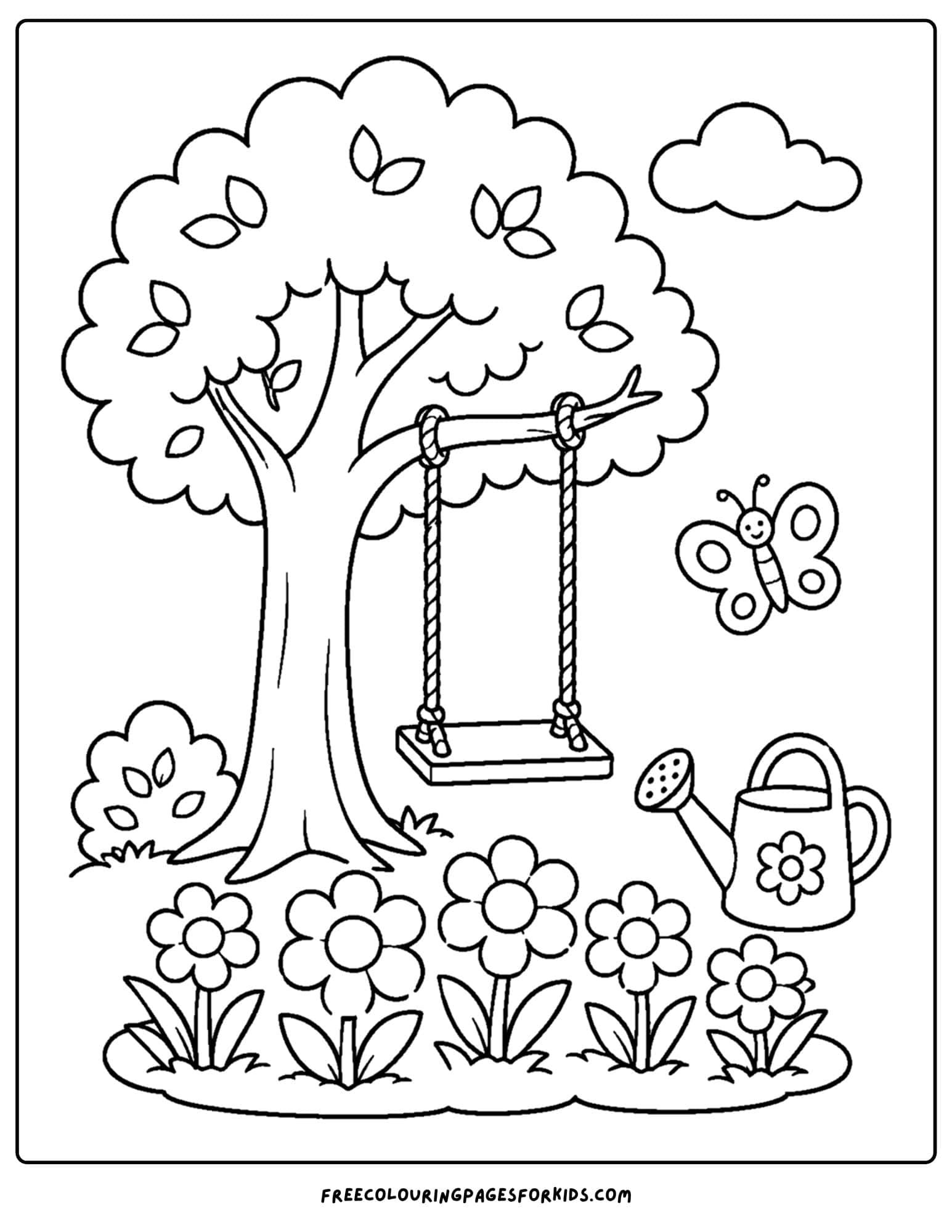 a coloring page of a flower garden underneath a tree swing