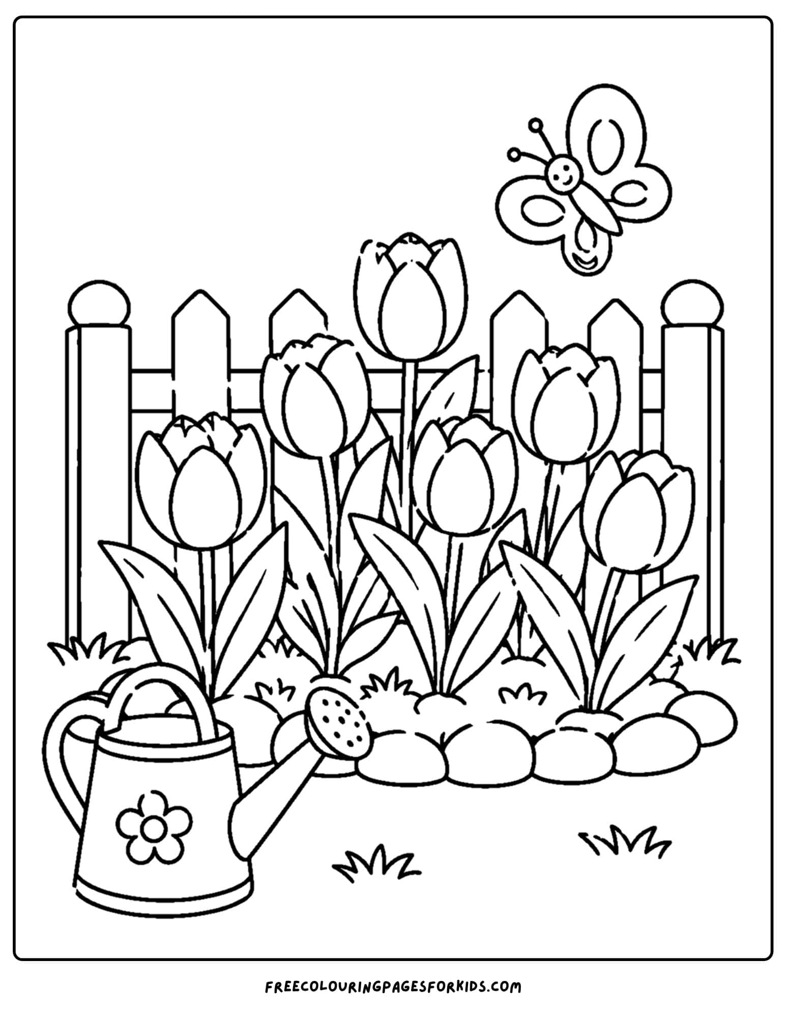 a coloring page of a flower garden of tulips along a fence