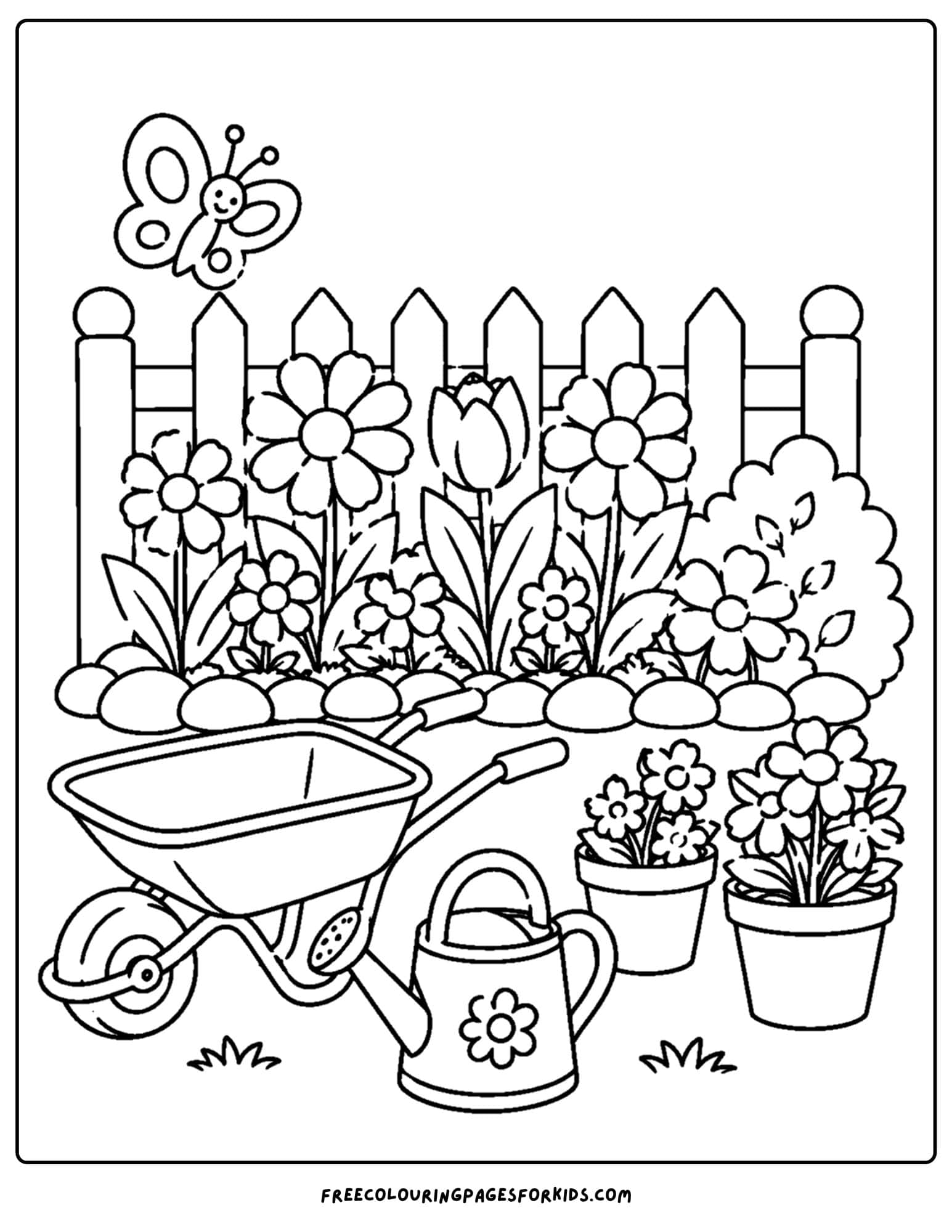 a coloring page of a flower garden beside a fence
