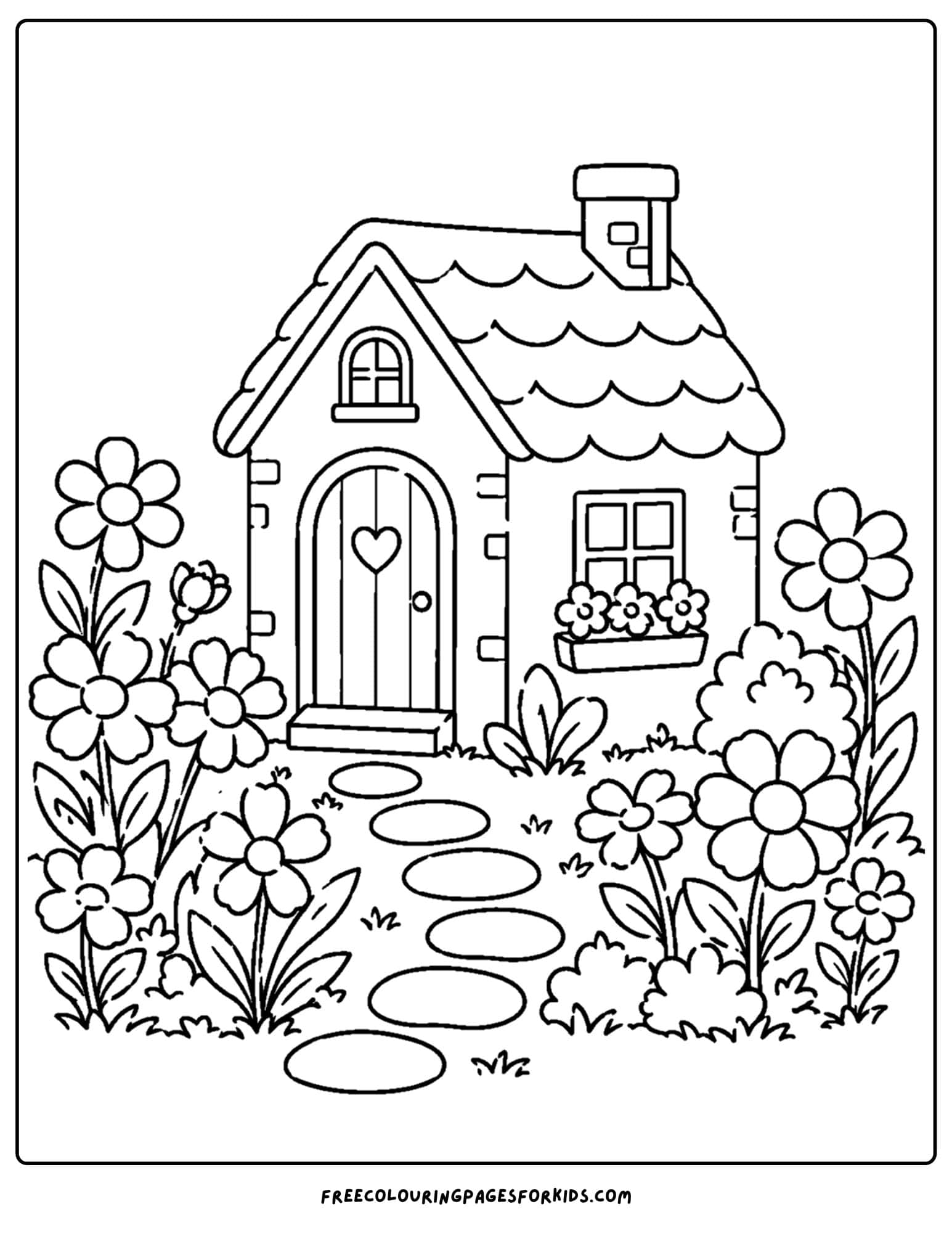 a coloring page of a flower garden wrapped around a little cottage