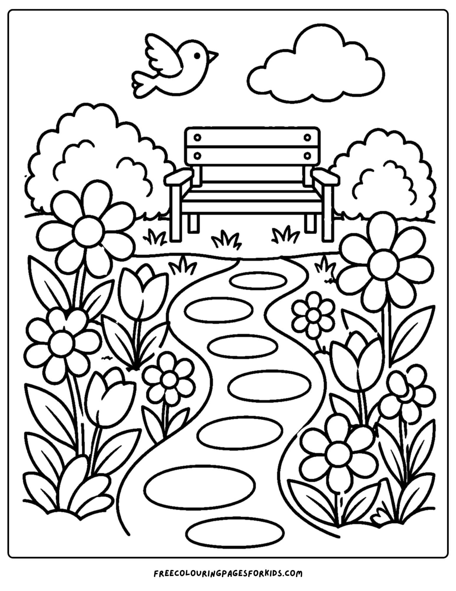 a coloring page of a flower garden with a path that leads to a seat