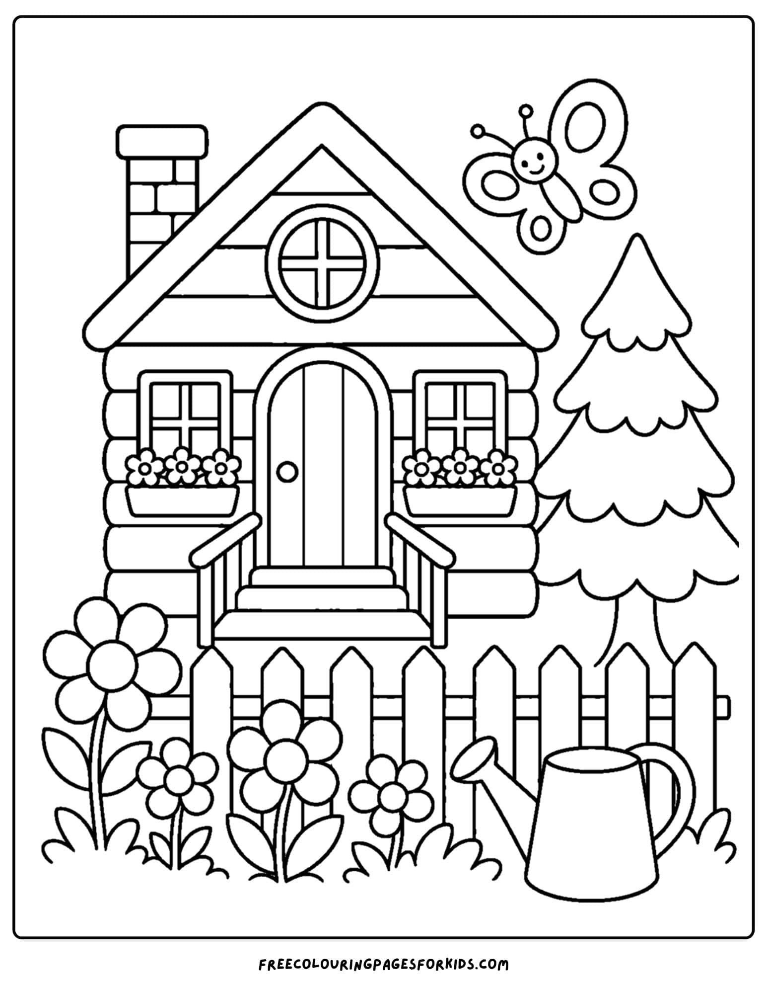 a coloring page of a flower garden around a wooden cabin