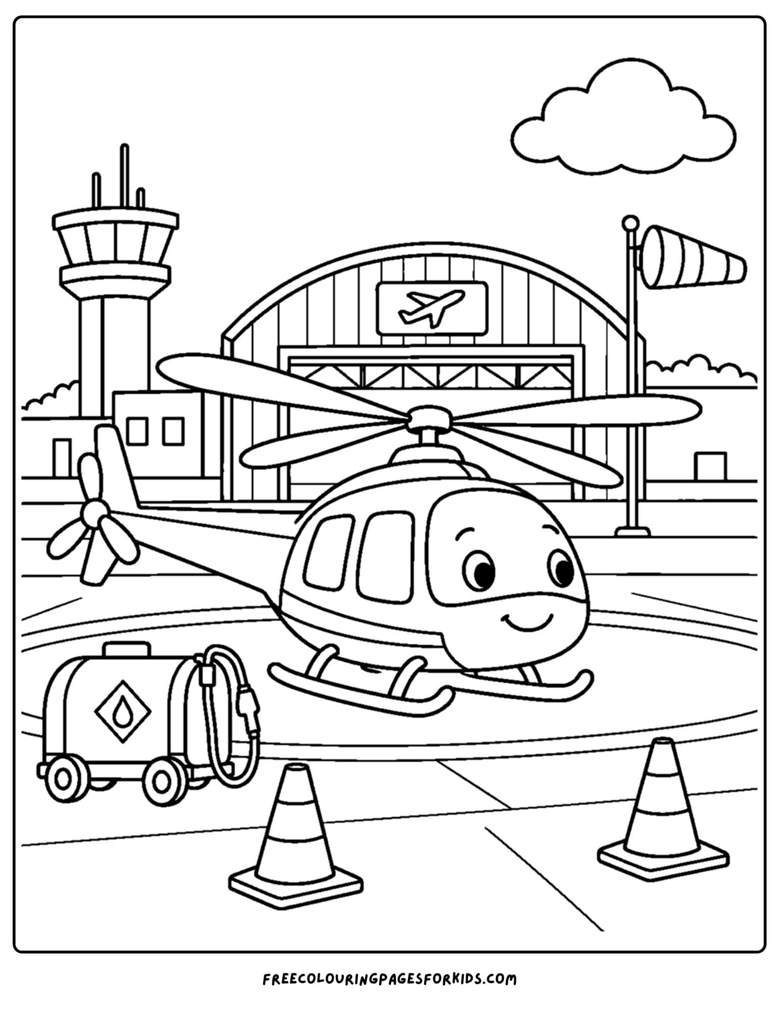a coloring page of a helicopter on the helipad at an airport