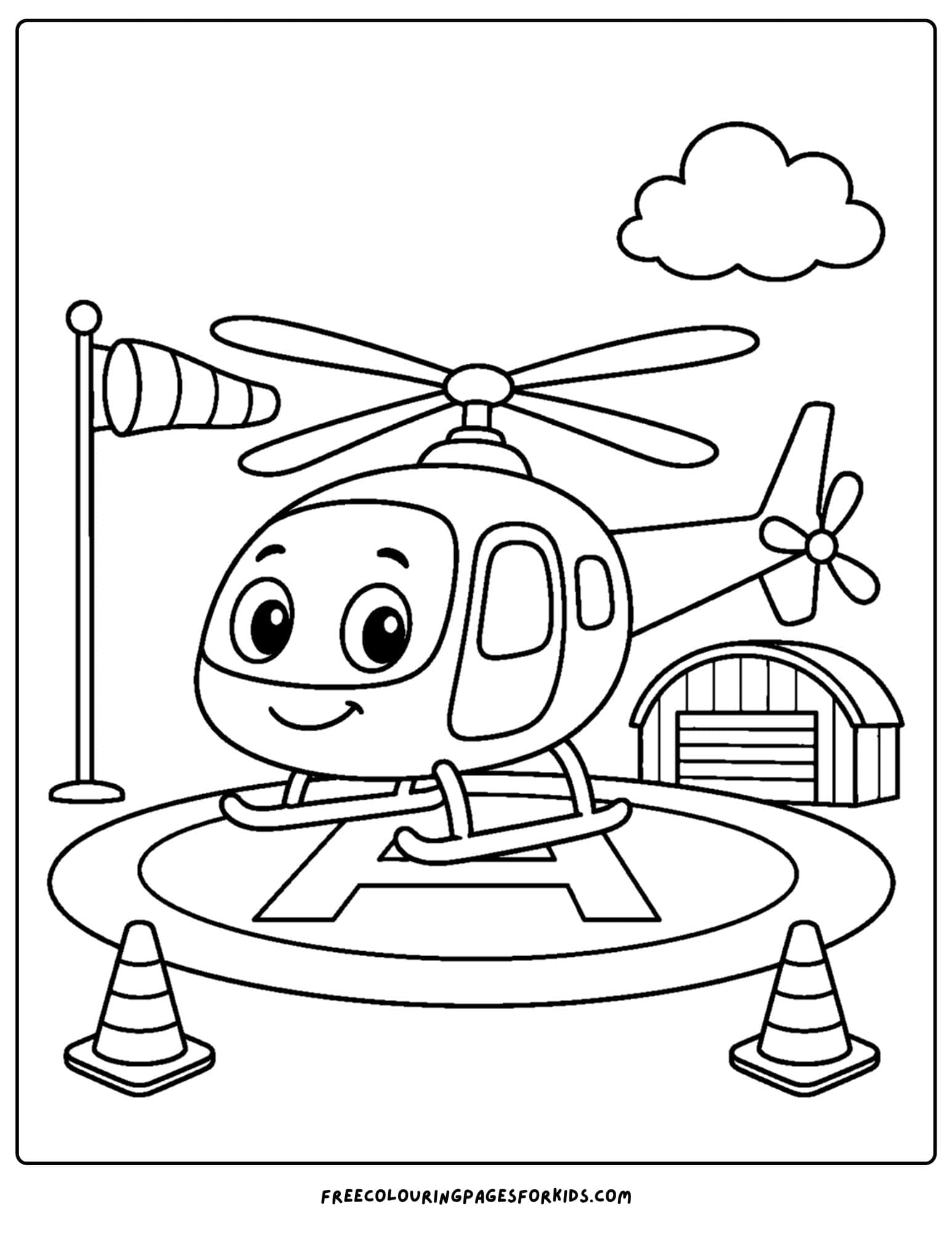 a coloring page of a helicopter at the landing pad in an airport