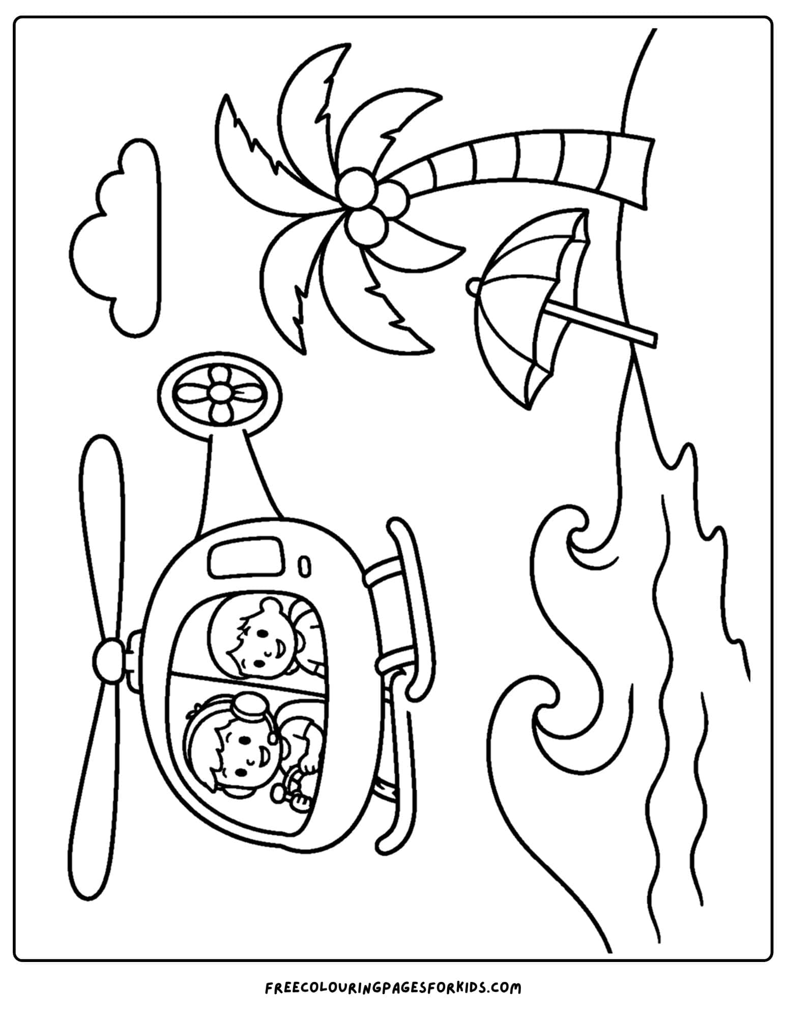 a coloring page of a helicopter flying over a beach scene