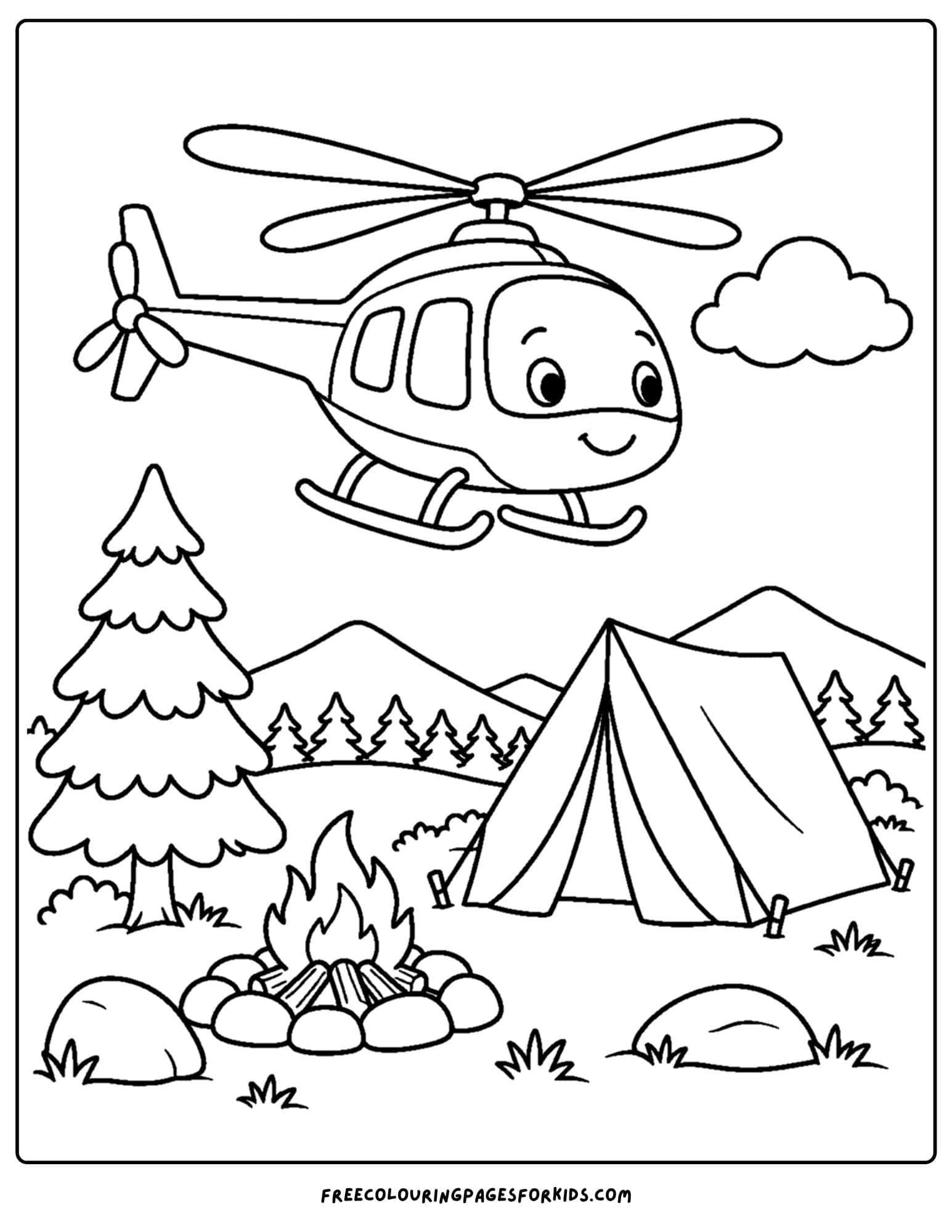 a coloring page of a helicopter flying over a campsite in the foresst