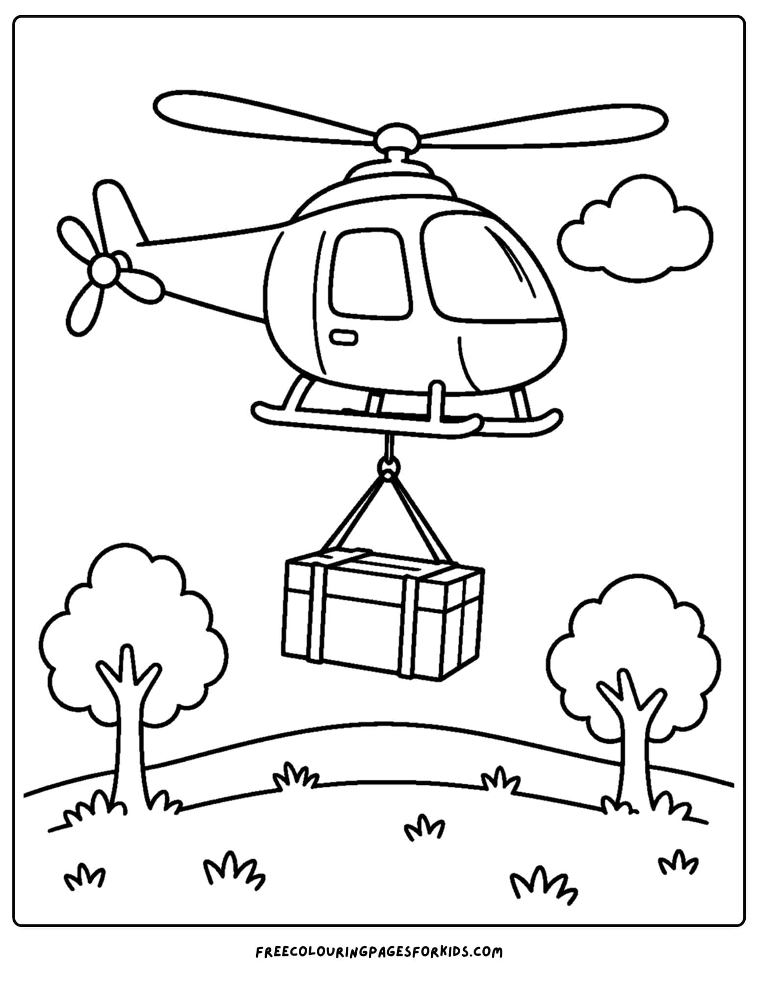 a coloring page of a helicopter carrying in a big supply crate