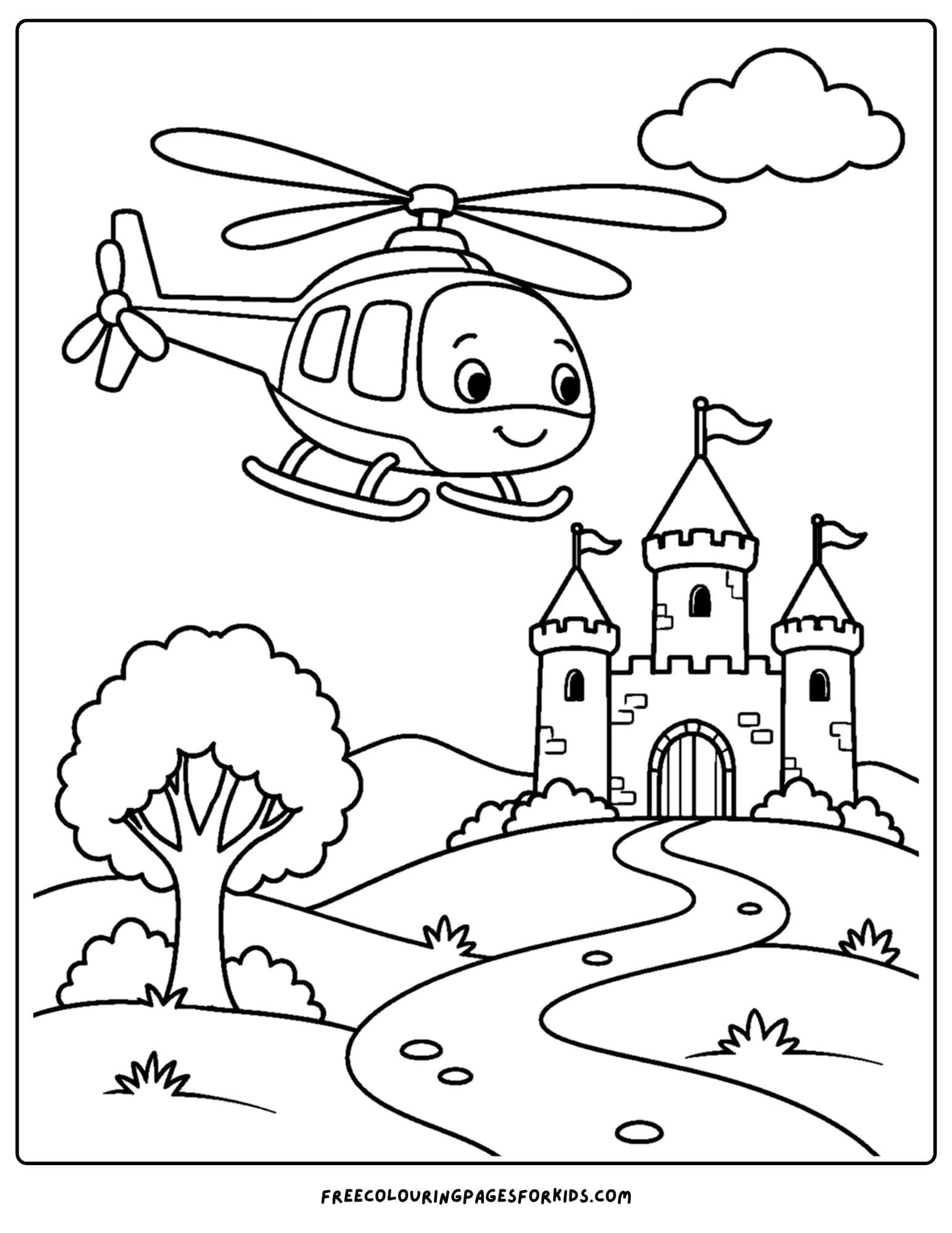 a coloring page of a helicopter flying over a castle and road