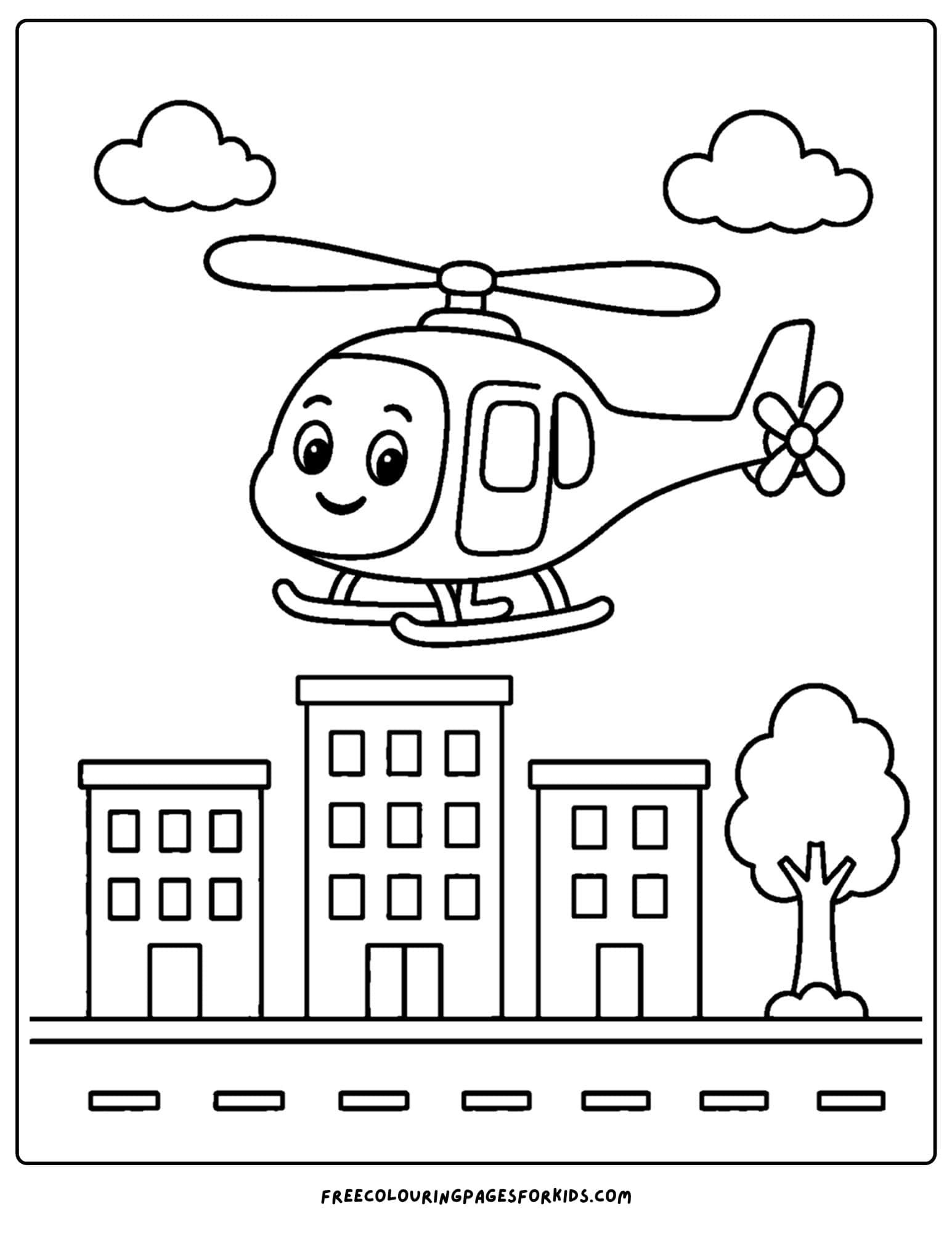 a coloring page of a helicopter flying over a city