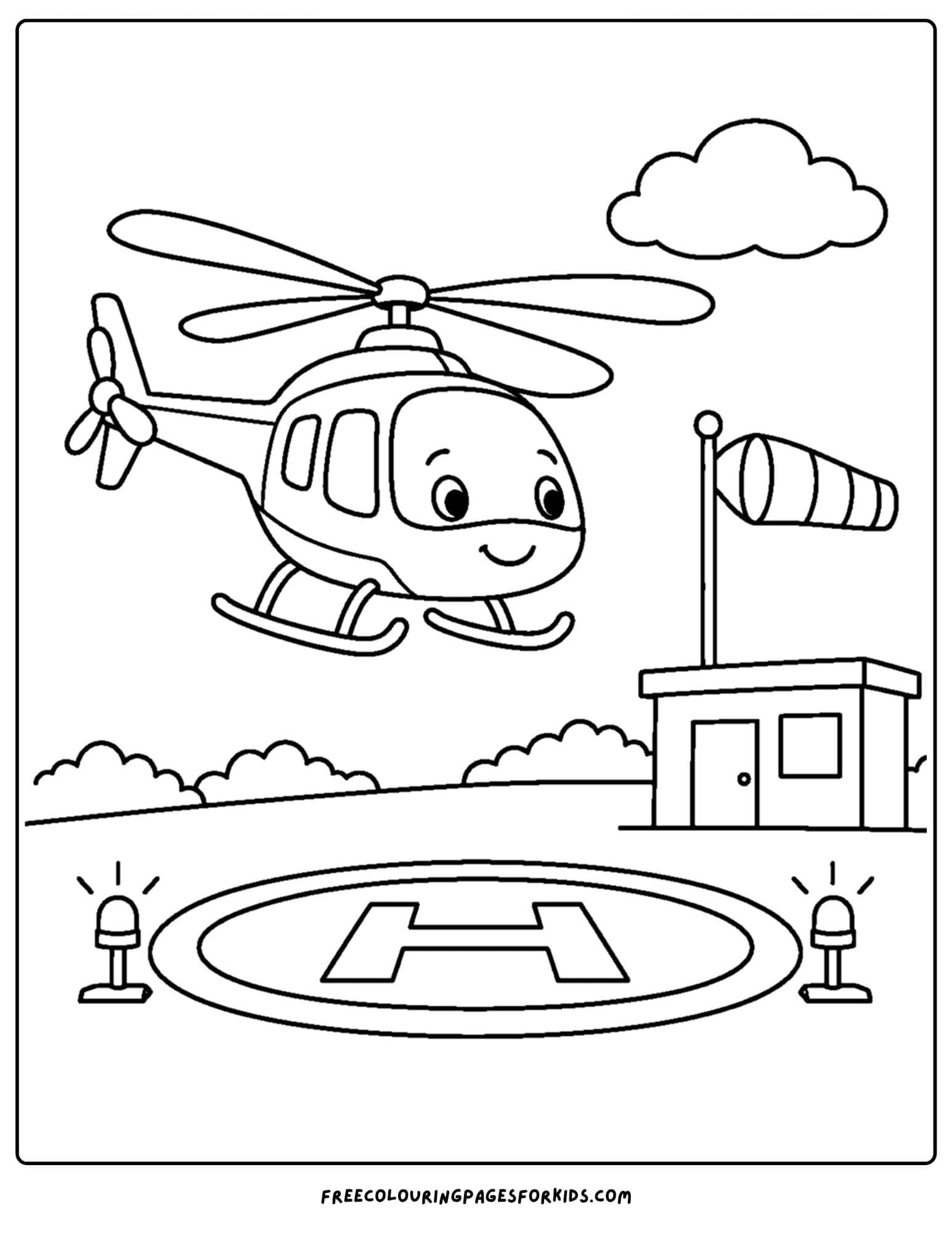 a coloring page of a helicopter coming in to land