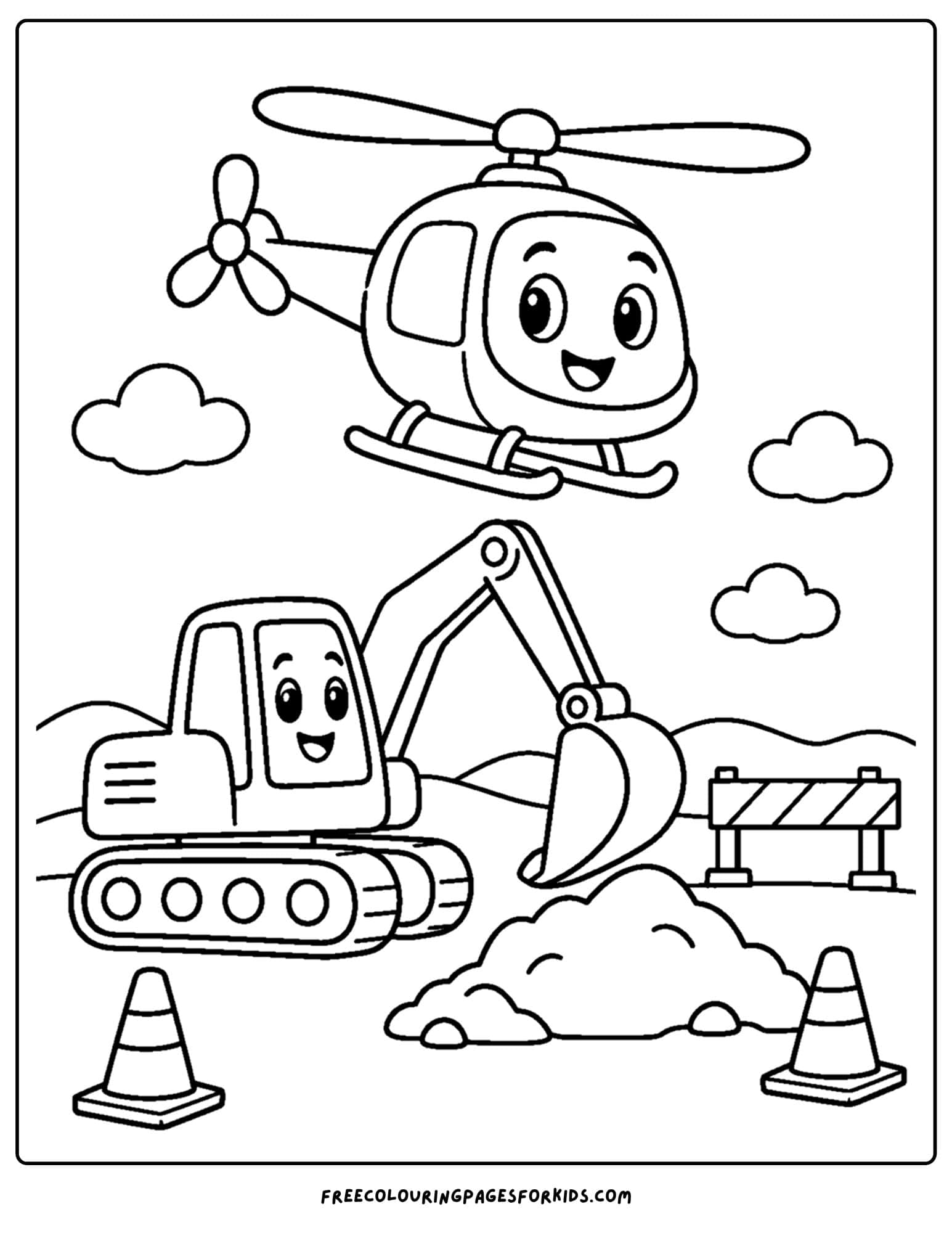 a coloring page of a helicopter flying over a construction site