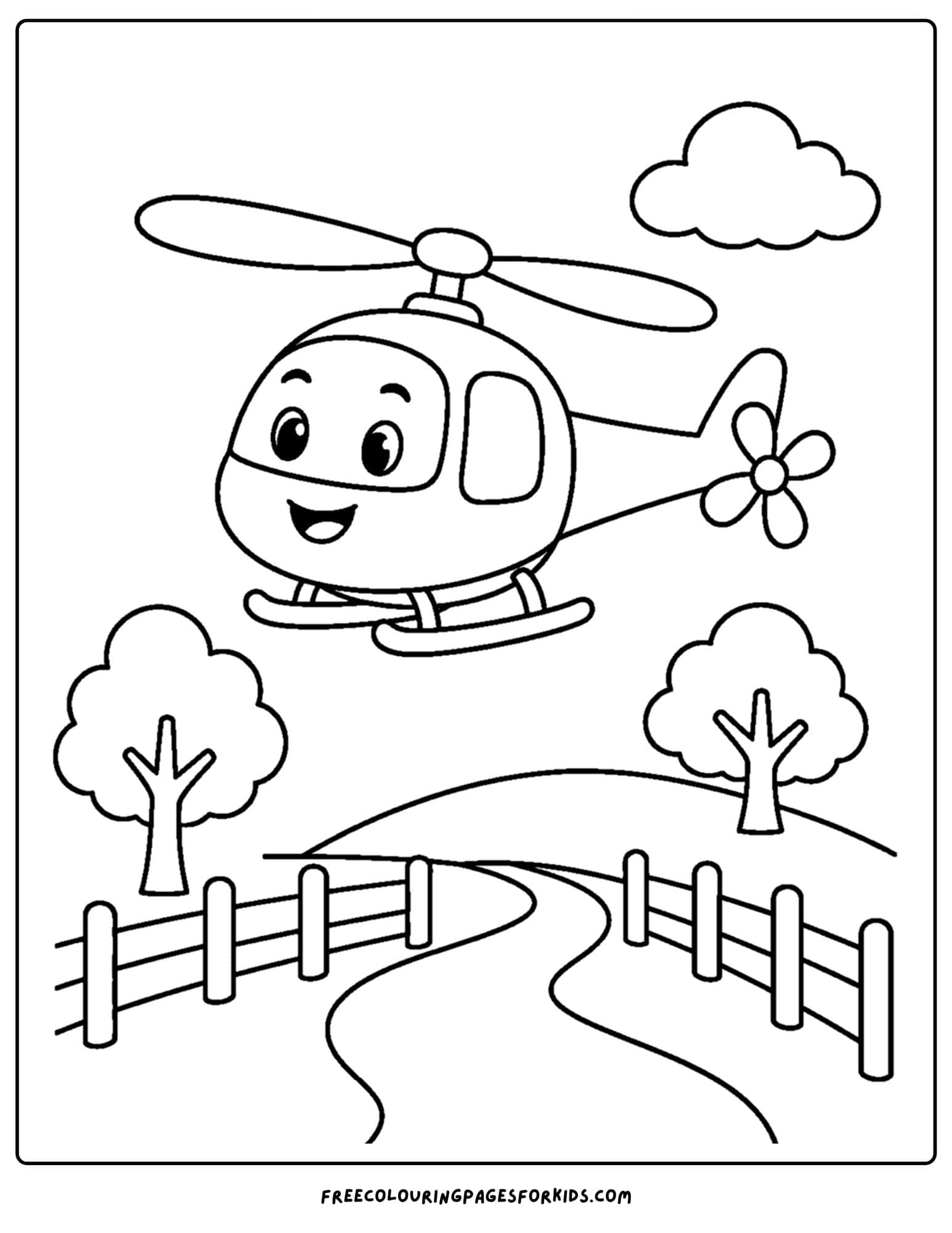 a coloring page of a helicopter flying over a country road
