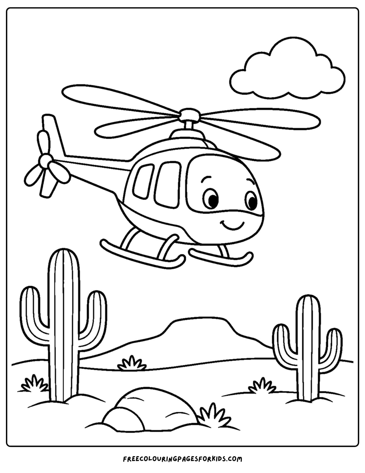 a coloring page of a helicopter flying over a desert scene with a cactus