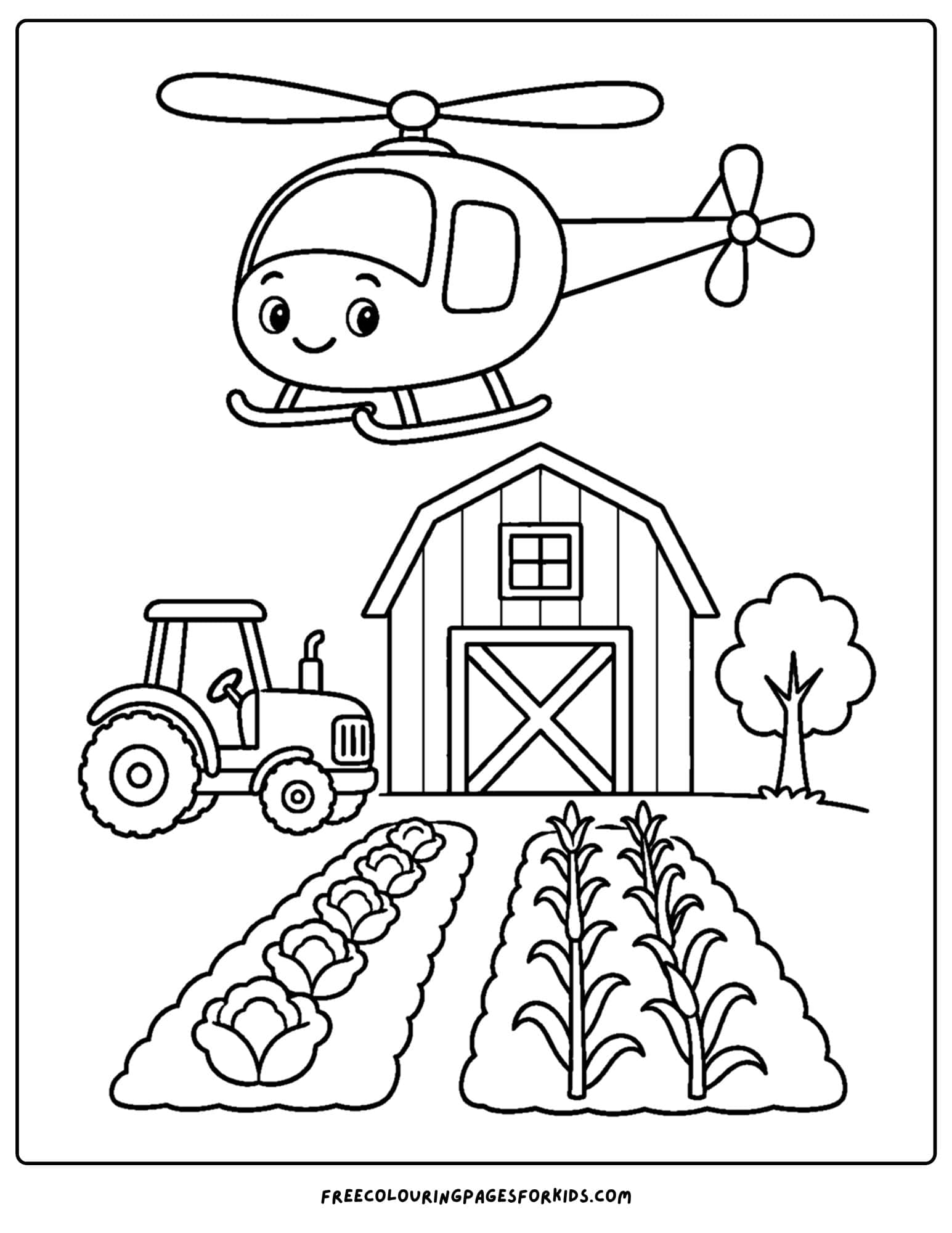 a coloring page of a helicopter flying over a farm